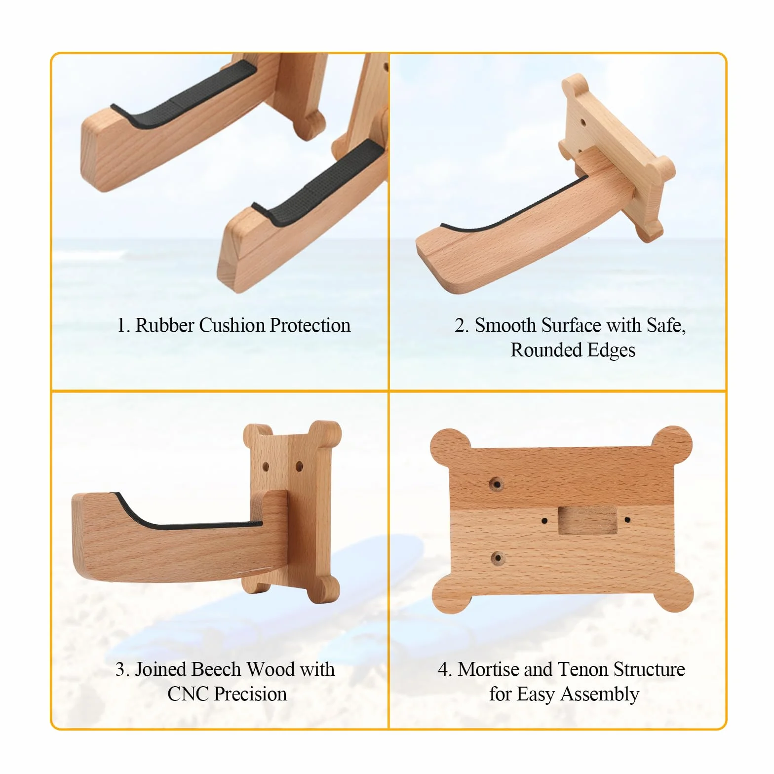 Soporte de pared para tabla de surf, ganchos de madera de haya con pernos M6, almacenamiento vertical para longboard, shortboard, skimboard