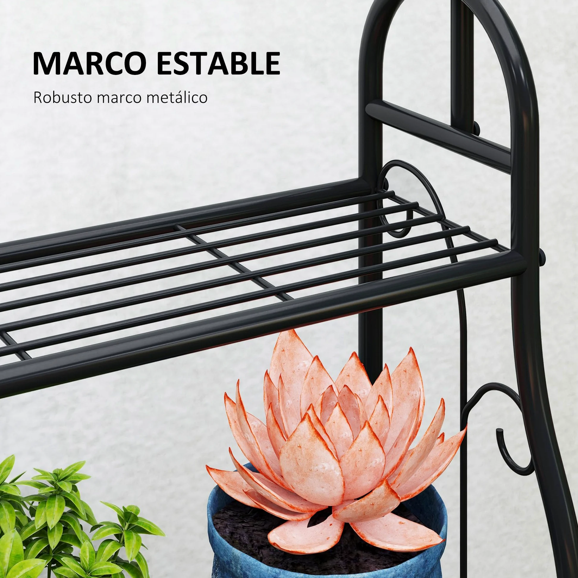Outsunny Estantería para Plantas de 3 Niveles Soporte para Plantas con Ganchos de Metal Barra para Colgar Soporte para Macetas para Interior y Exterior Negro