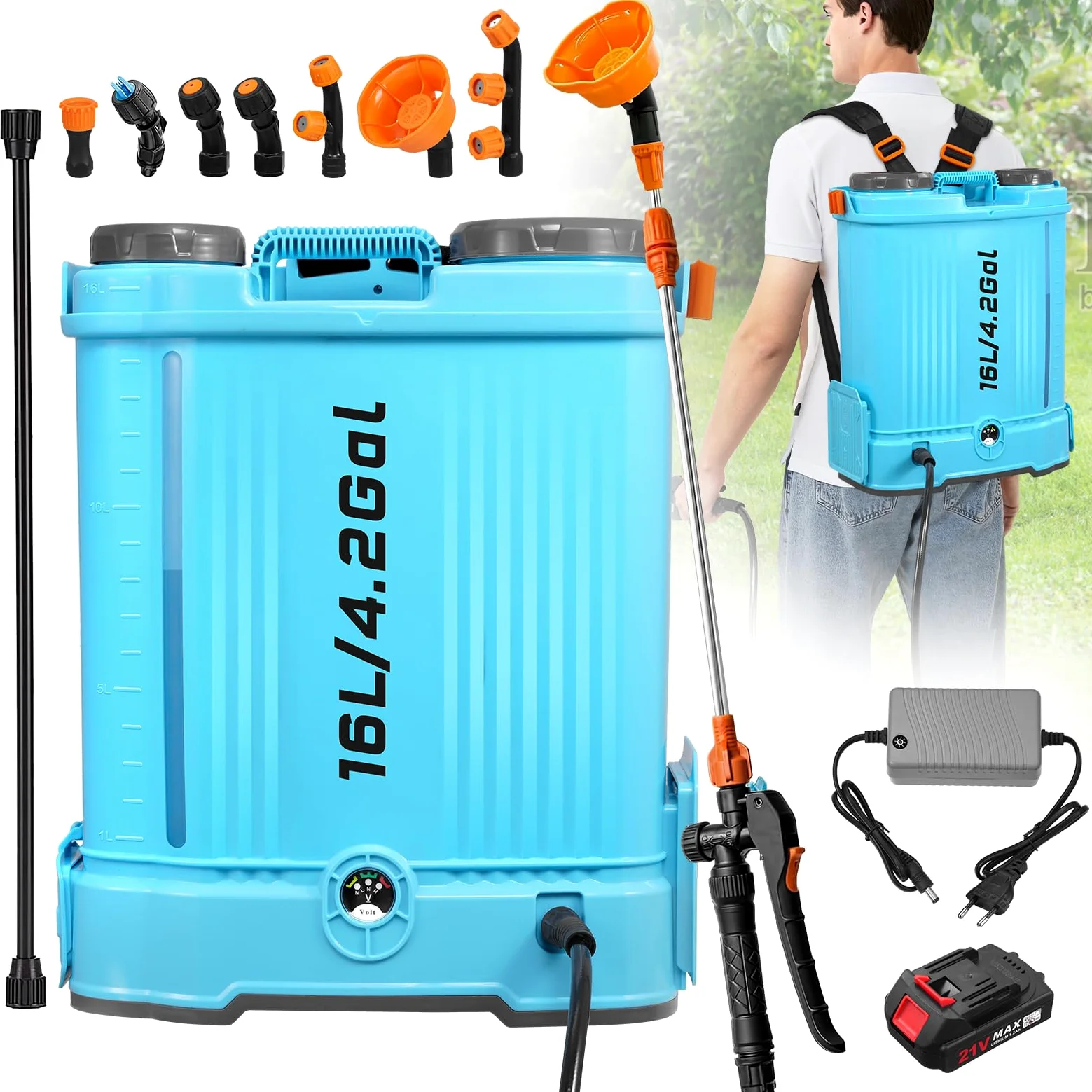 Pulverizador Electrico 16L, 0-100 PSI Pulverizador Mochila Bateria con 7 Boquillas & Caña Telescópica, 2000mAh Batterie, Sulfatadora Electrica a Bateria para Césped Jardín Techo Patio