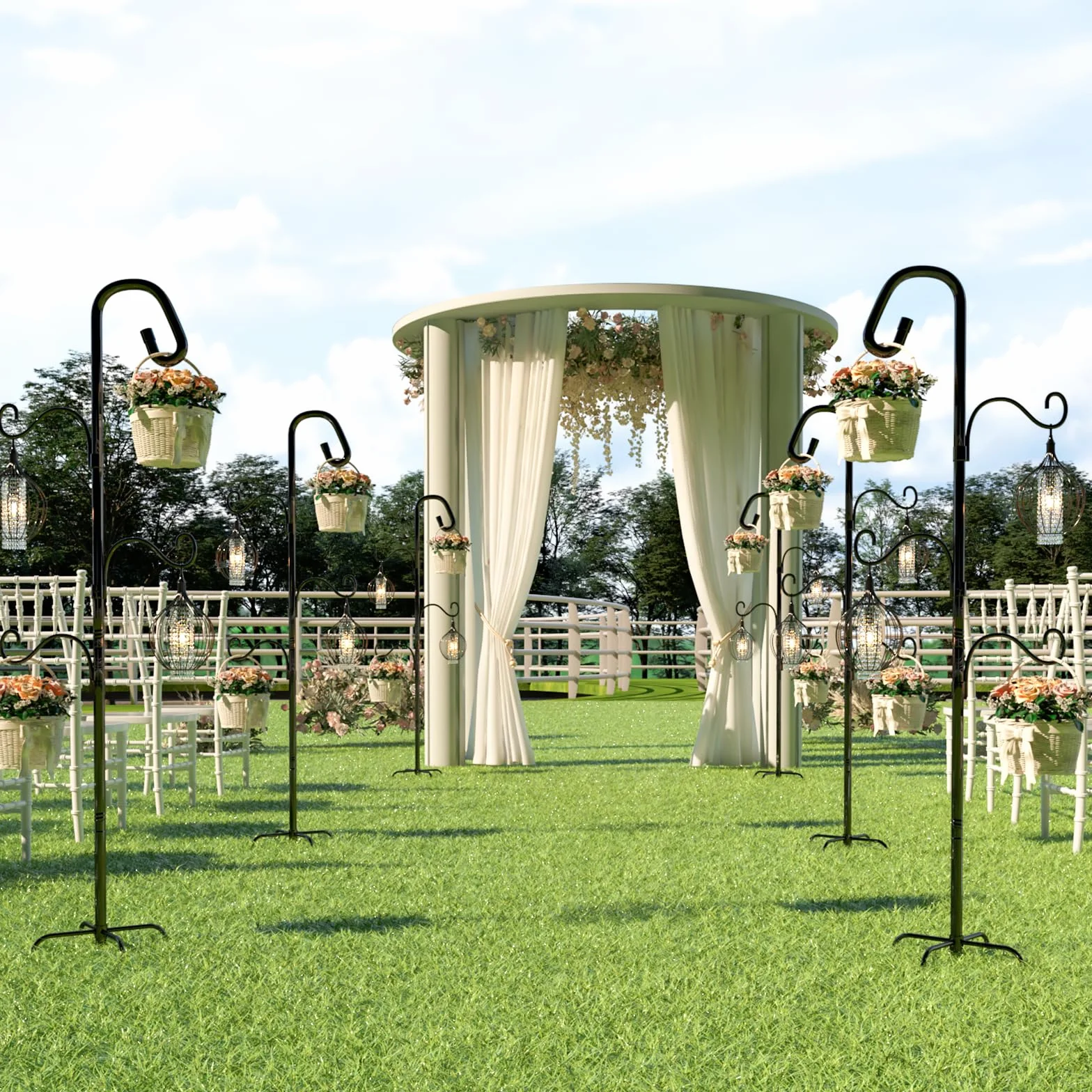 Bamworld Gancho de Pastor para Exterior 160cm Gancho de Pie Metálico con 3 Ganchos Ajustables y Base Estable de 4 Patas Para Macetas Colgantes, Plantas, Faroles, Patio, Jardín y Decoración