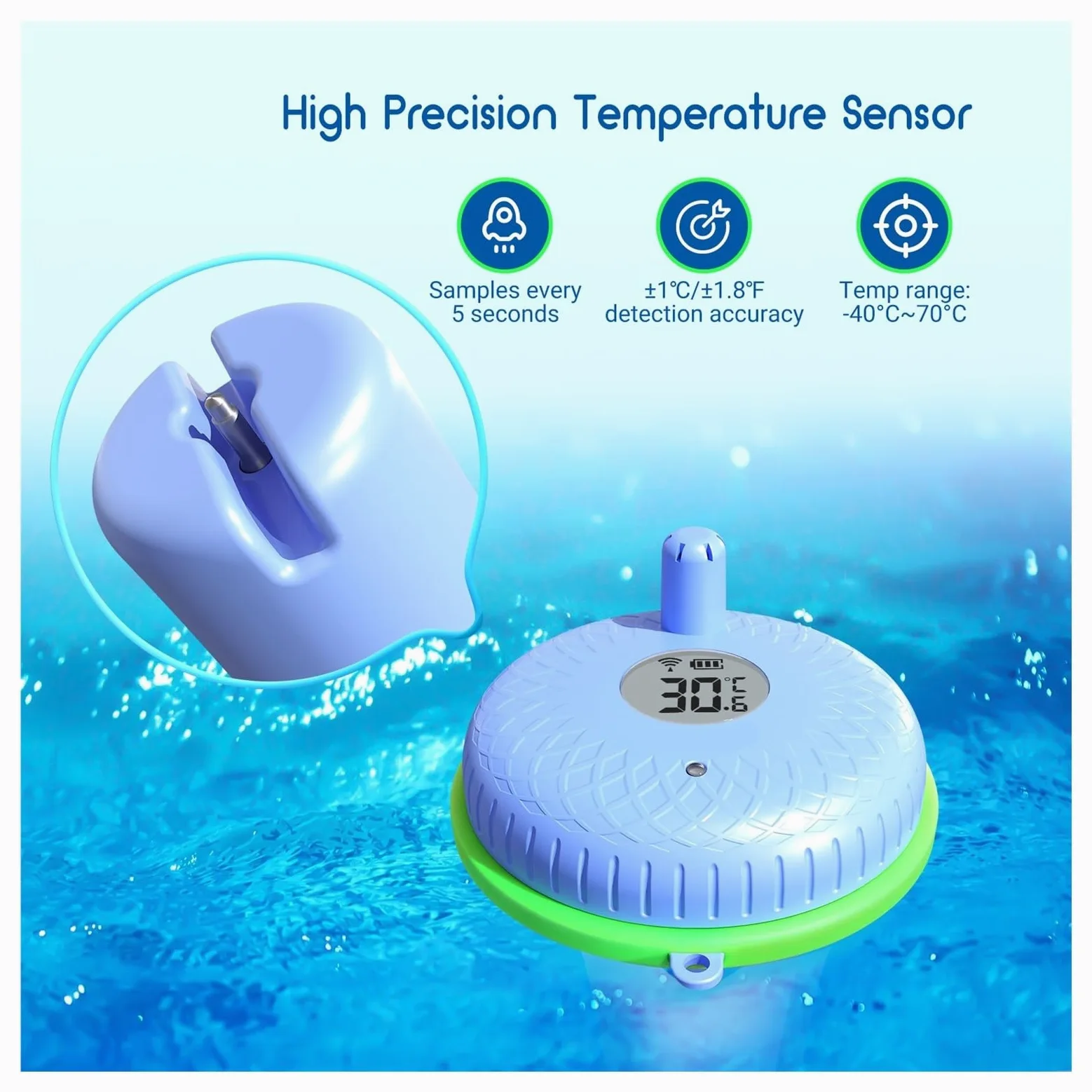Termómetro de piscina con Bluetooth IBS-P02B mejorado for interiores y exteriores, ideal for piscinas, spas, estanques acuarios