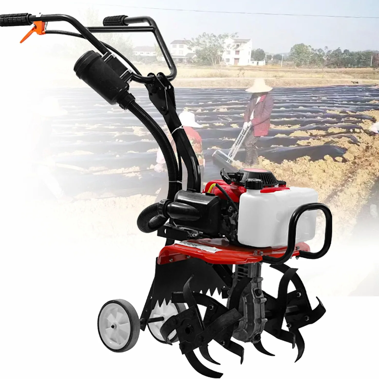 Cultivador de gasolina para jardín, cultivador agrícola para patios de arado, cultivador de césped doméstico portátil a gas, motocultor y motocultor.