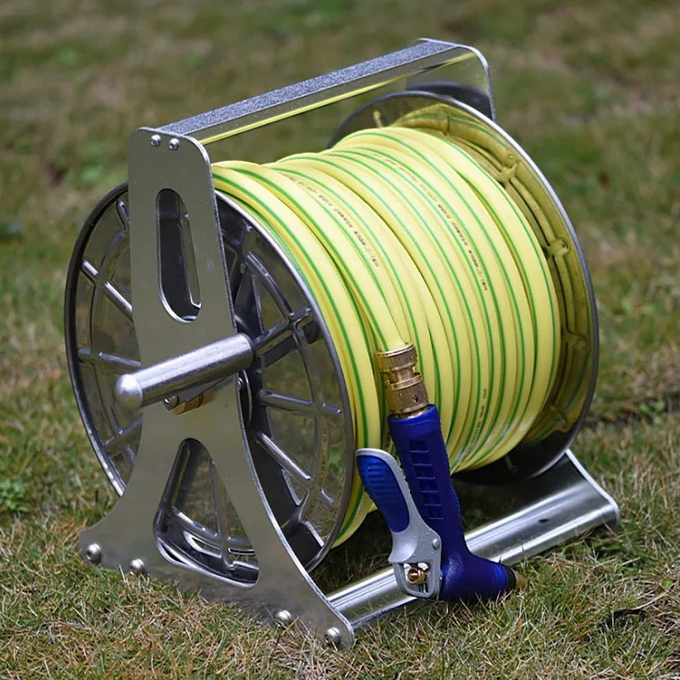 Carro portamangueras - Carrete de Manguera de Acero Inoxidable de Alta Resistencia para Uso en Exteriores, Estante portátil para Almacenamiento de mangueras de jardín con Acabado Dorado.