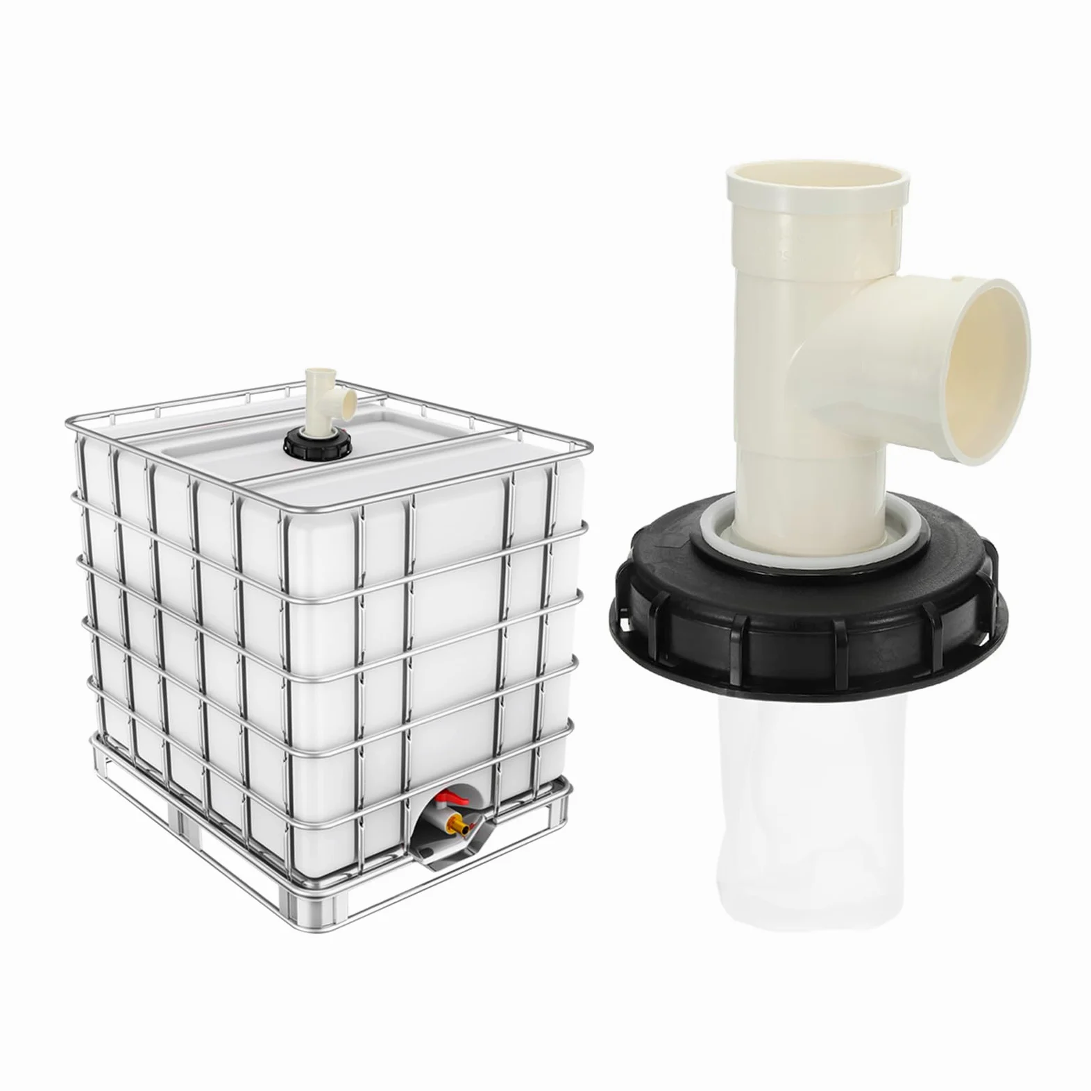 QUARKZMAN 163mm Tapa de Filtro de IBC, Adaptador de Manguera de Tote IBC de Plástico de 3 Vía para Contenedor de Tanque de Agua de Lluvia de 1000L para Tanque de Agua de 275gal, Negro/Blanco