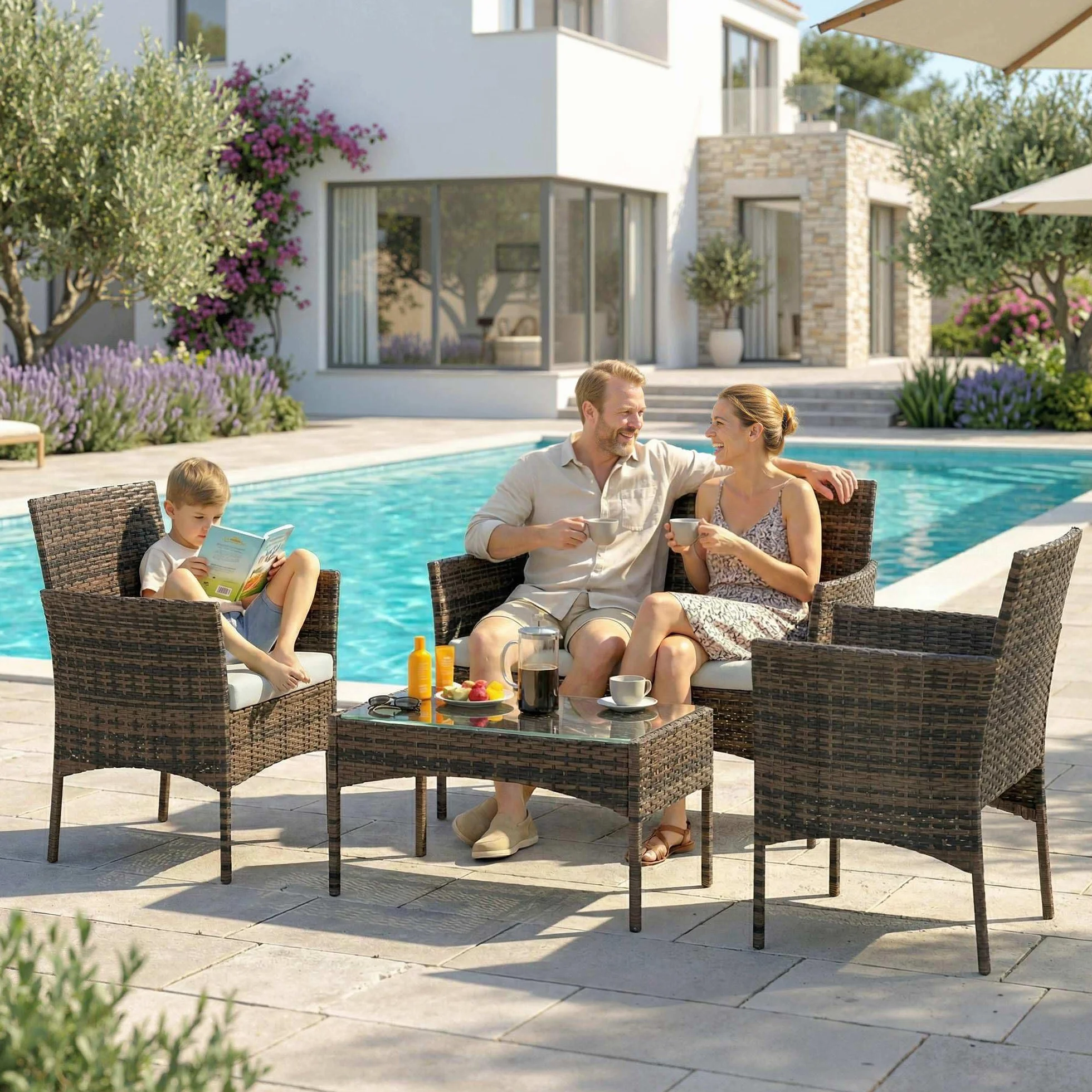 Outsunny Conjunto Jardín Exterior de Ratán con Cojines Conjunto Terraza Resistente a la Intemperie Muebles Jardín Exterior con 2 Sillones Sofá de 2 Plazas Mesa con Cristal Marrón