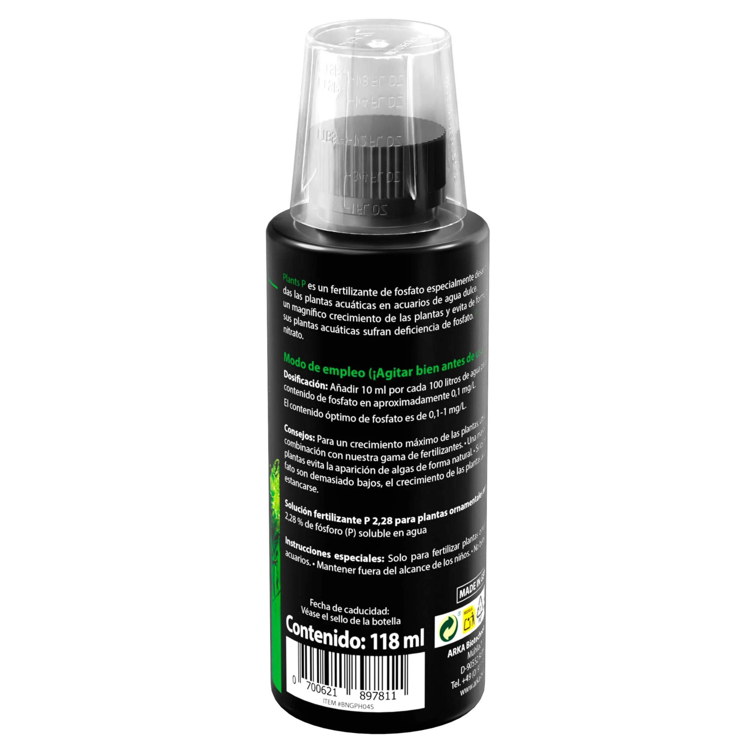 ARKA Plants P - 118 ml - Abono fosfatado Altamente eficaz para un Crecimiento exuberante de Las Plantas en acuarios de Agua Dulce, sin nitratos, Ideal para el aquascaping.