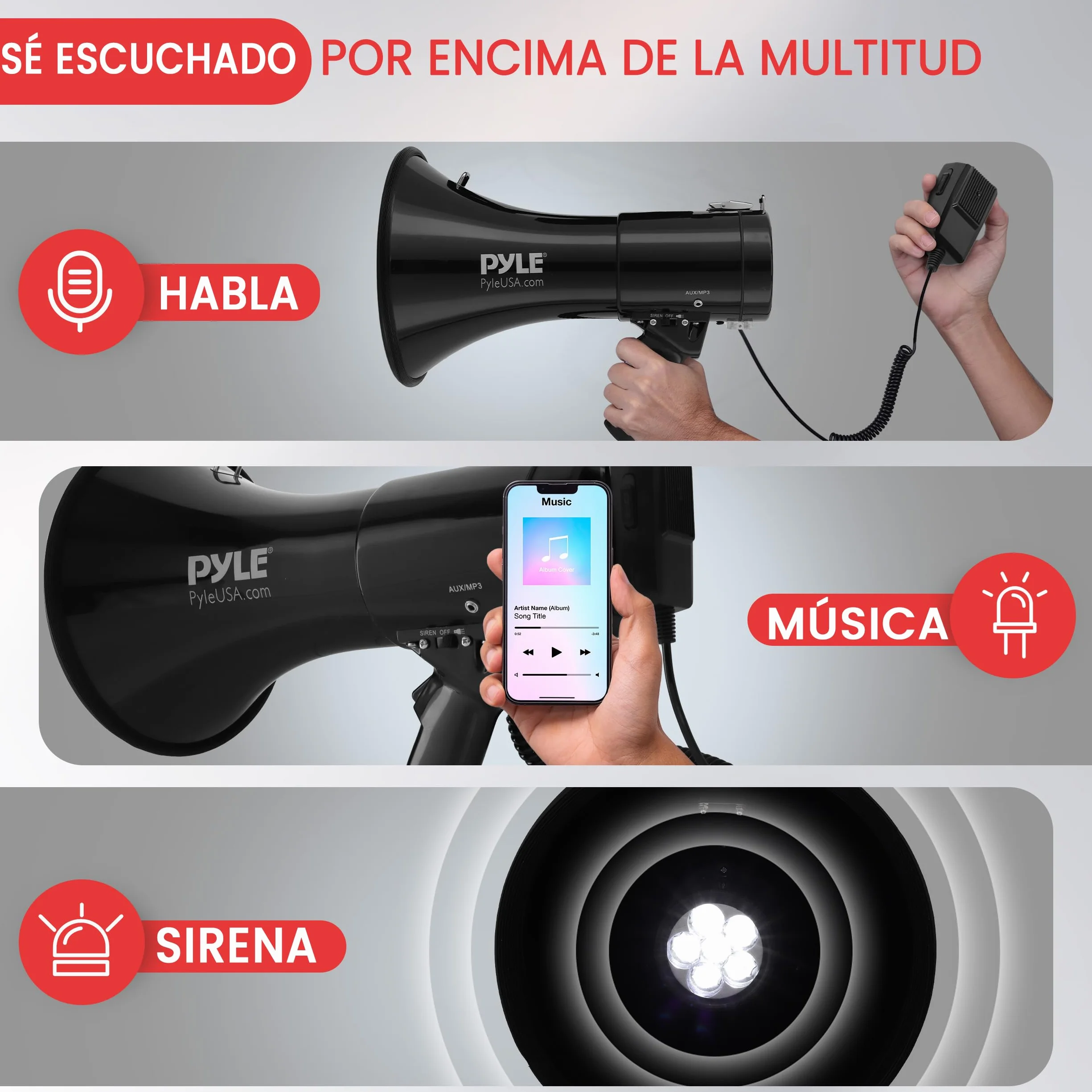 Pyle Altavoz Portátil 50V Sirena Control de Volumen LED