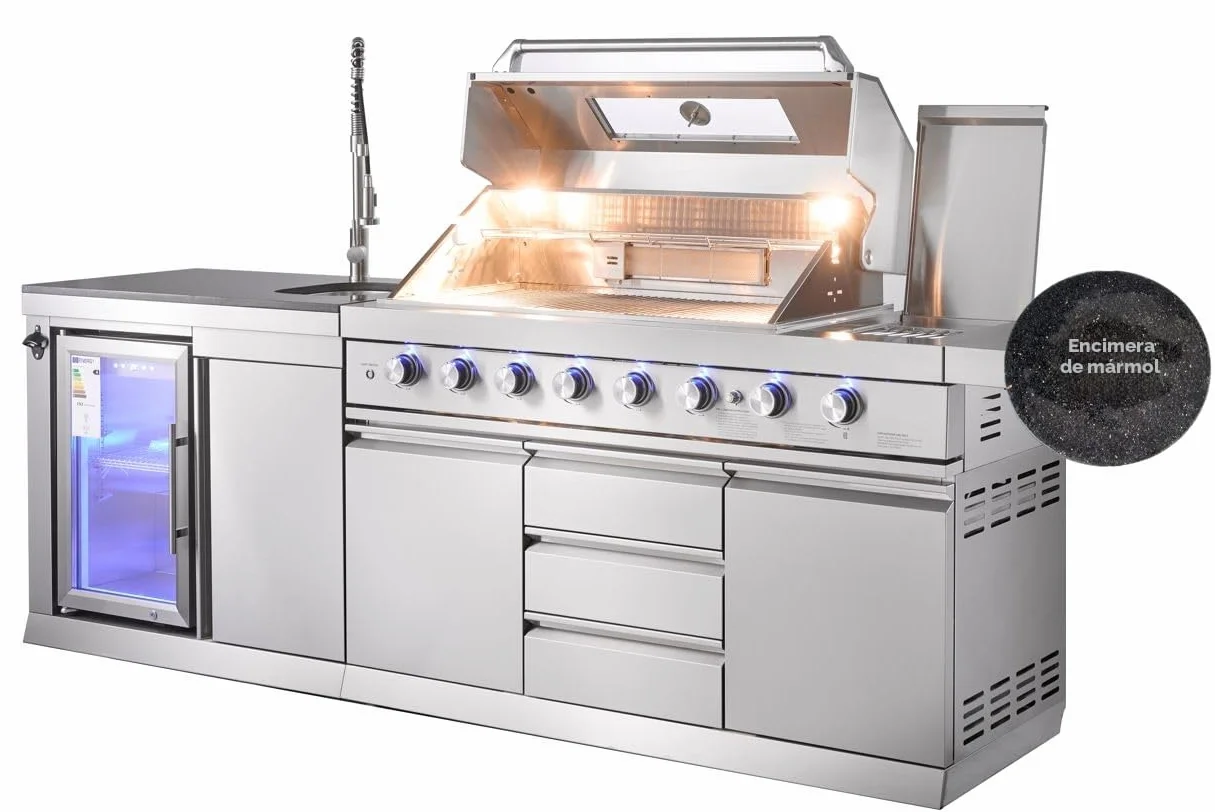 GORILLER® SG213 – Cocina para exteriores en acero inoxidable/plata, incluye asador y cubierta para la lluvia
