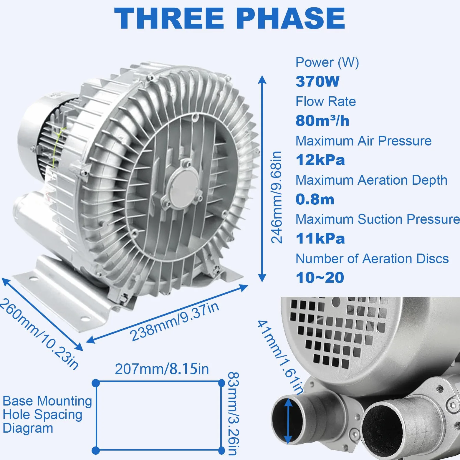 Bomba De Aire Turbina Soplante, Bomba Soplante MonofáSica, Bomba De Agua para Piscina Y Jacuzzi, Soplador De Anillo para Estanque De Peces Threephase370W