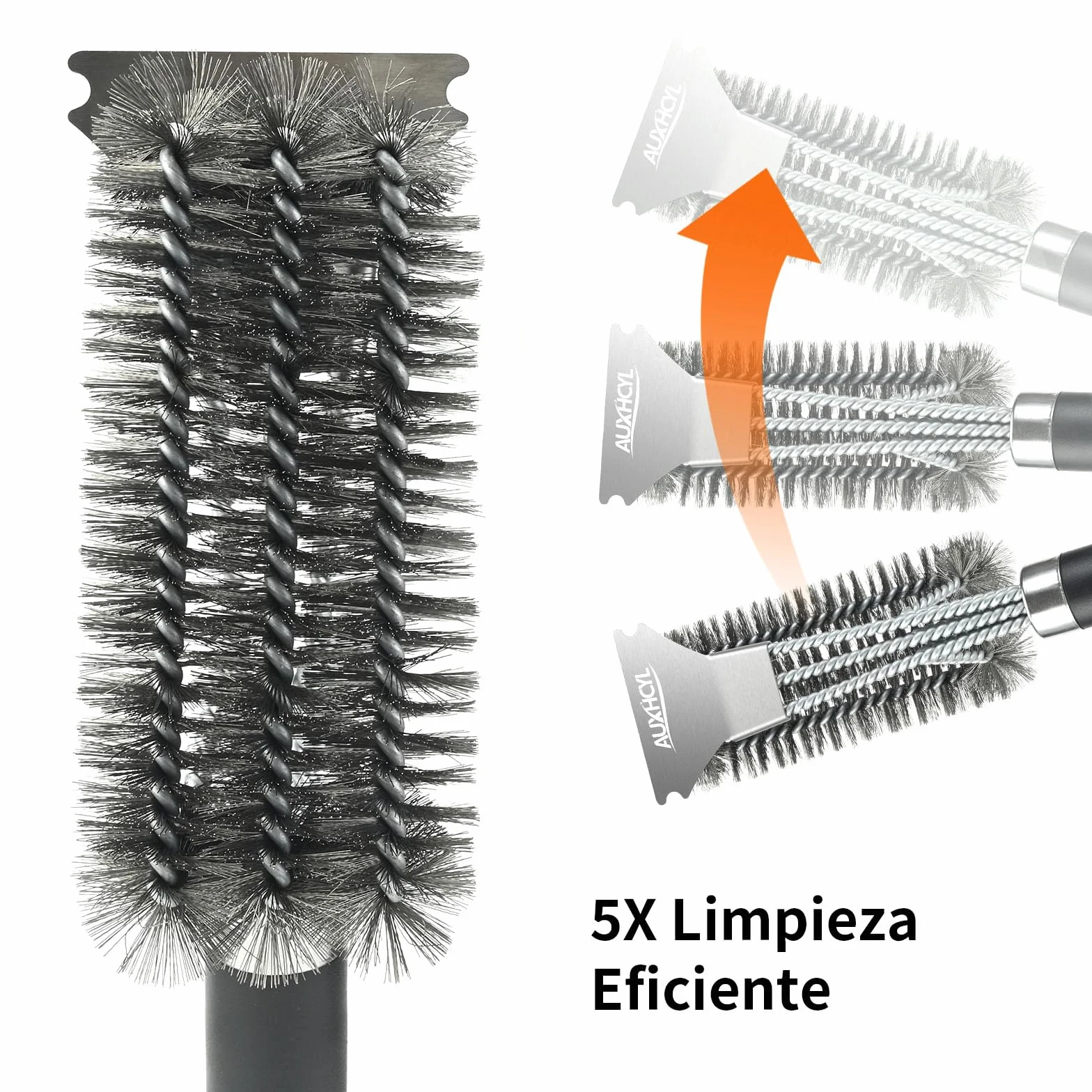 AUXHCYL Cepillo Barbacoa Inoxidable, 3-in-1 Cepillo para Parrilla con Raspador, 45.5cm Largo PP Aislamiento Térmico Mango Cepillo Barbacoa de Limpieza para Parrilla de Gas y Parrilla de Carbón