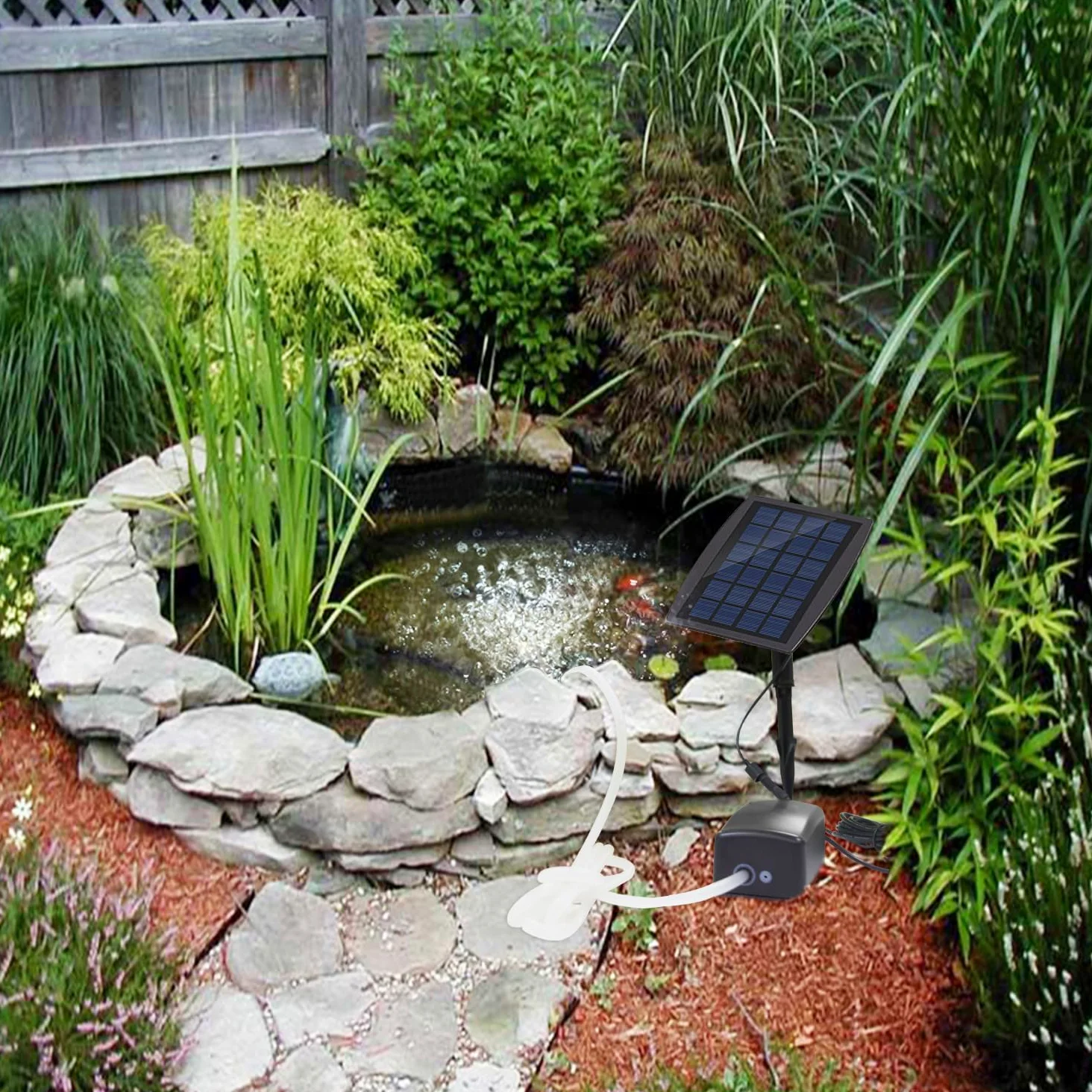 Bomba de Aire Solar 2.5W Oxigenador con Placa de Batería Piedras de Burbuja Línea de Aire para Tanque de Peces de Jardín Estanque Exterior Jardinería Circulación de Agua MY06