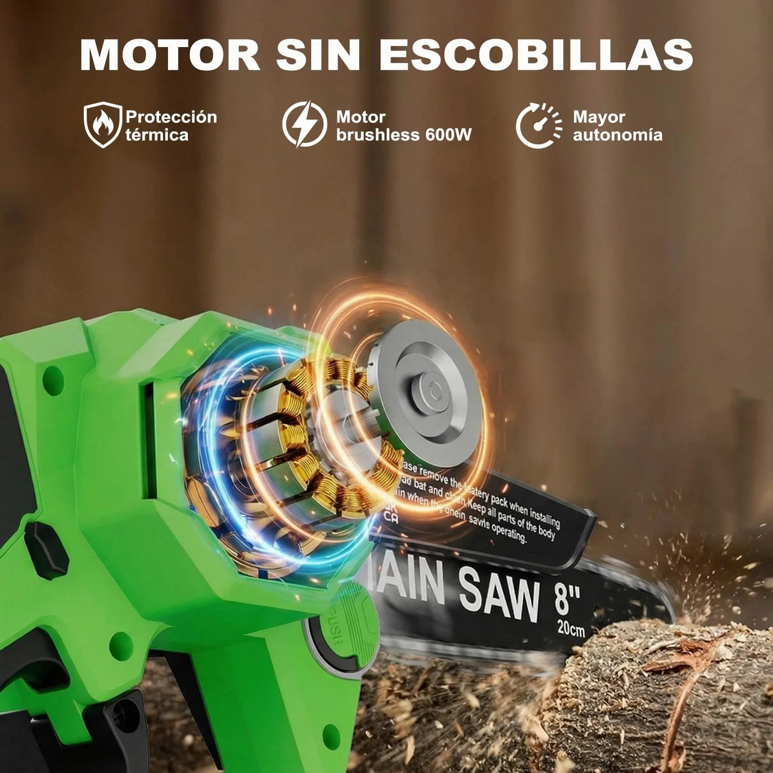 8 Pulgadas Mini Motosierra, 2 Baterías y Cargador Incluidos, Motosierra Bateria Inalámbrica sin Escobillas, Sierra Eléctrica para Podar con Lubricación Automática, Podar y Cortar Madera