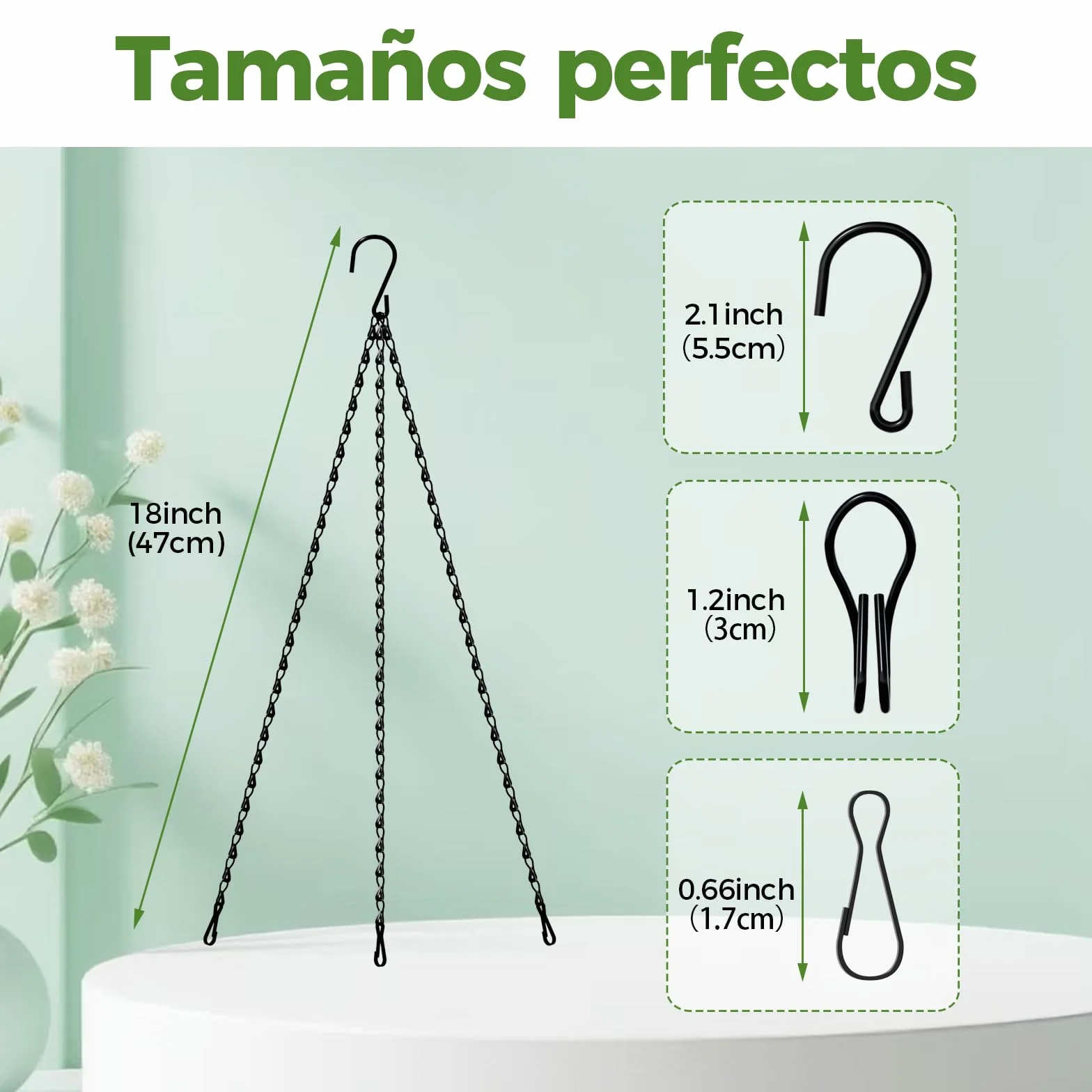 Bamworld Lote de 3 Cadenas de Suspensión Negras 45 cm, para Macetas Colgantes, Maceteros Colgantes y Soportes de Jardineras de Balcón, Uso en Interior y Exterior (Solo las Cadenas, Maceta NO Incluida)