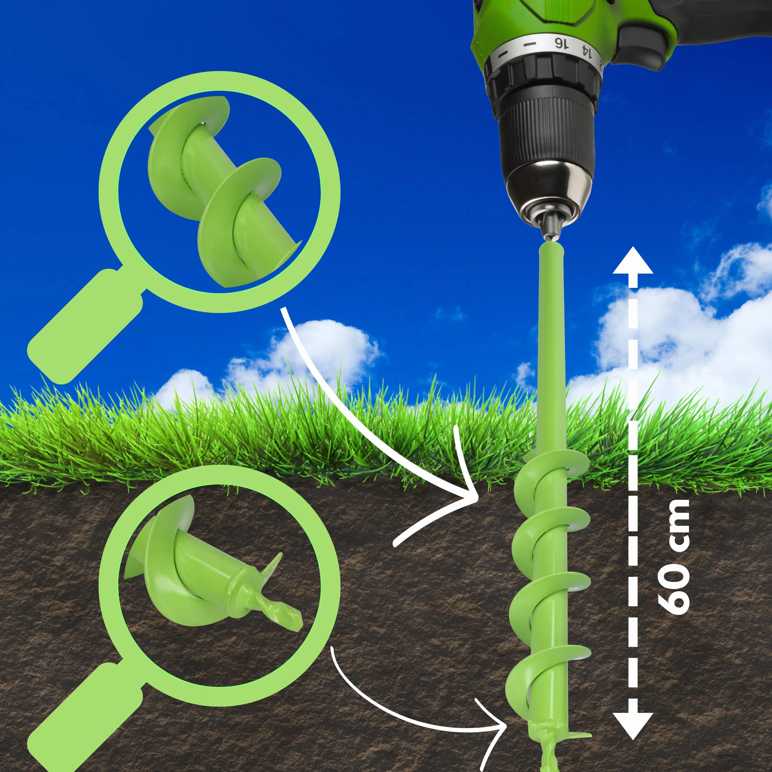 WERHE Barrena de tierra para taladro 60 mm Ø, 600 mm de largo - Barrena de jardín para atornillador inalámbrico para plantar, florecer y cavar hoyos - Herramienta de excavación para jardín