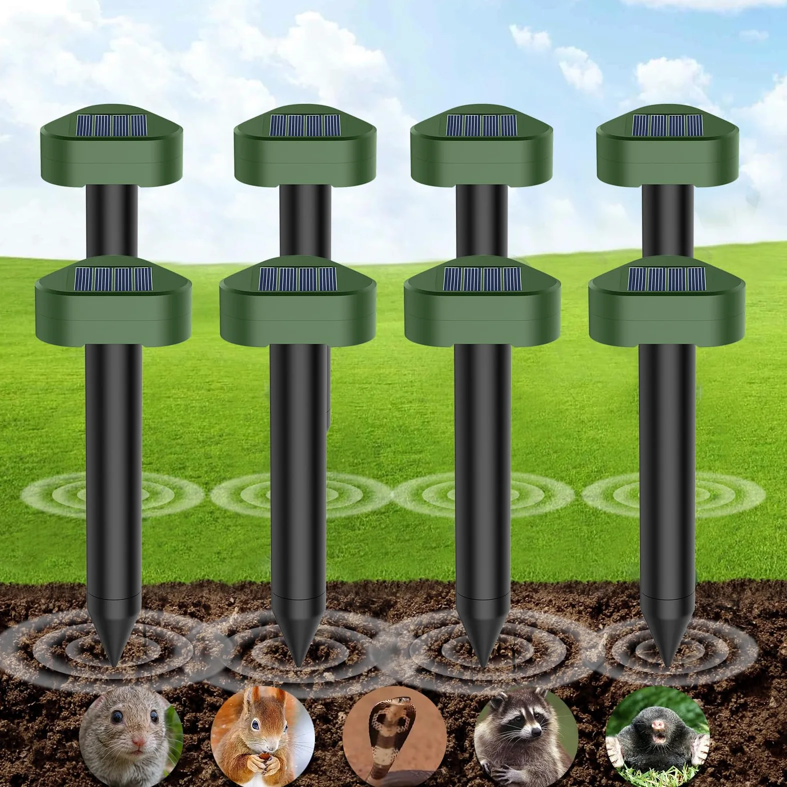 Solar Ultrasónico Ahuyentador de Topos 8 Piezas, Impermeable Repelente para Ratas Ultrasónico Solar Se Utiliza para Repeler Topos, Topillos, Serpientes y Lagartos Protege el Césped y Los Jardines
