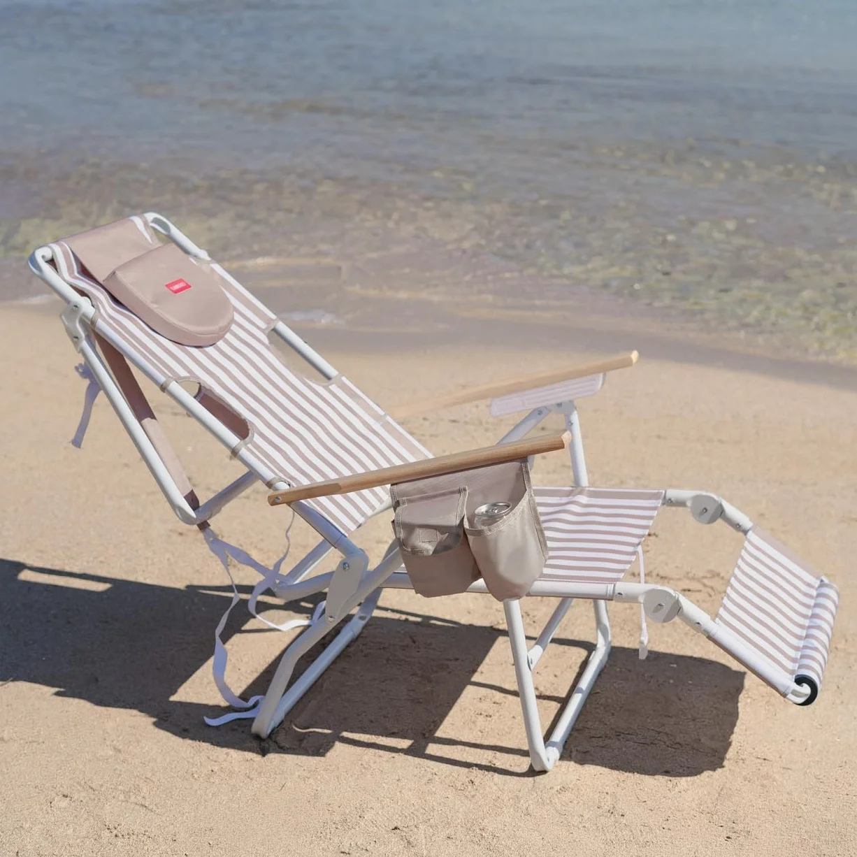 Flamingueo Silla Playa Plegable - Reclinable 5 Posiciones - Agujero Cabeza y Brazos - Reposapiés 3 Posicones - Asas Mochila - Bolsillo Insulado y Posavasos - Aluminio y Poliéster - Beige