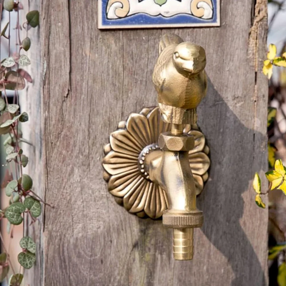 Grifo de latón vintage para jardín, diseño de gorrión de jardín, para manguera de exterior, grifo de agua fría para manguera de jardín