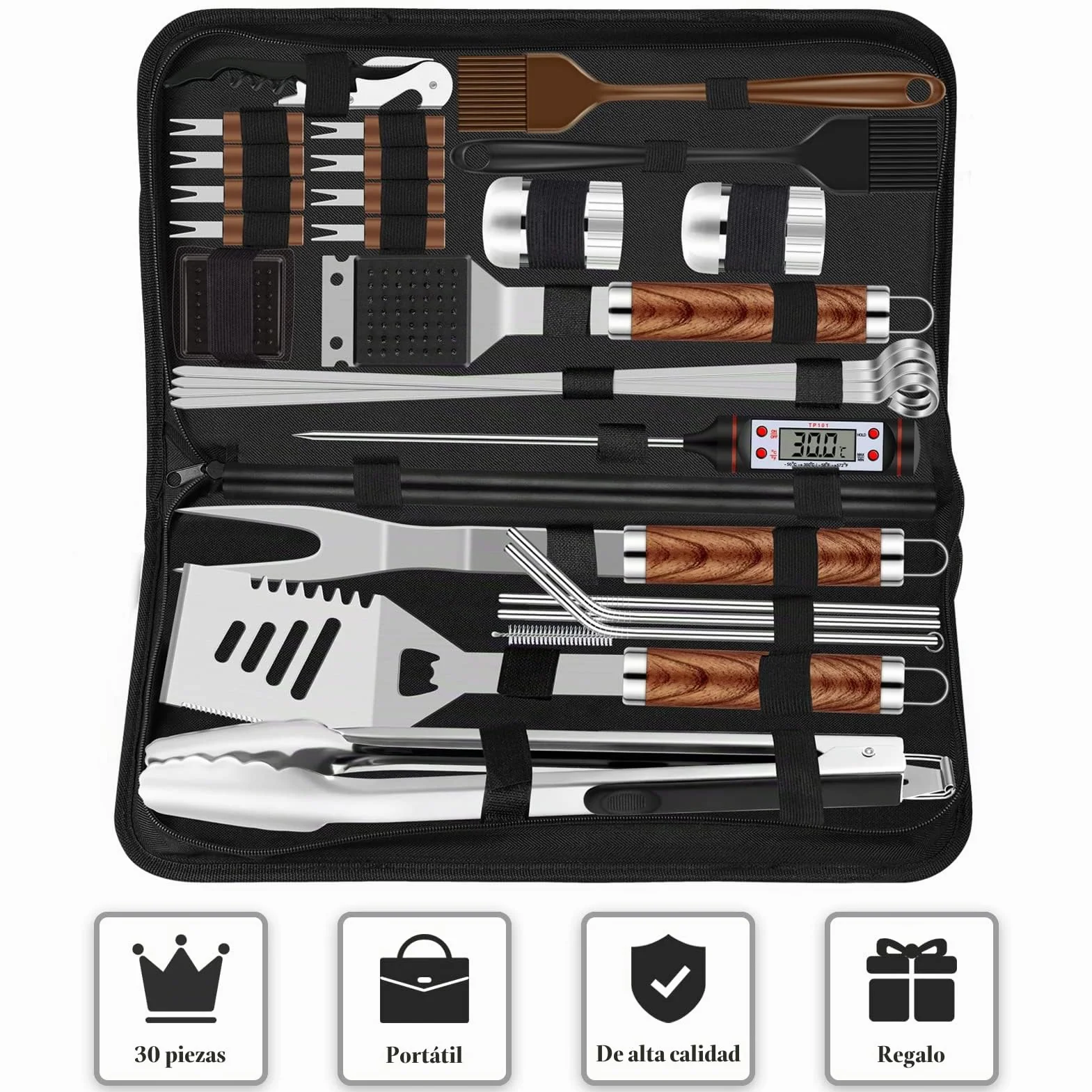 Grilliance Utensilios para Barbacoa de 30 Piezas, Kit de Accesorios para Parrilla de Acero Inoxidable para Hombres, Juego de Herramientas Profesionales para Parrilla con Bolsa de Transporte, marrón