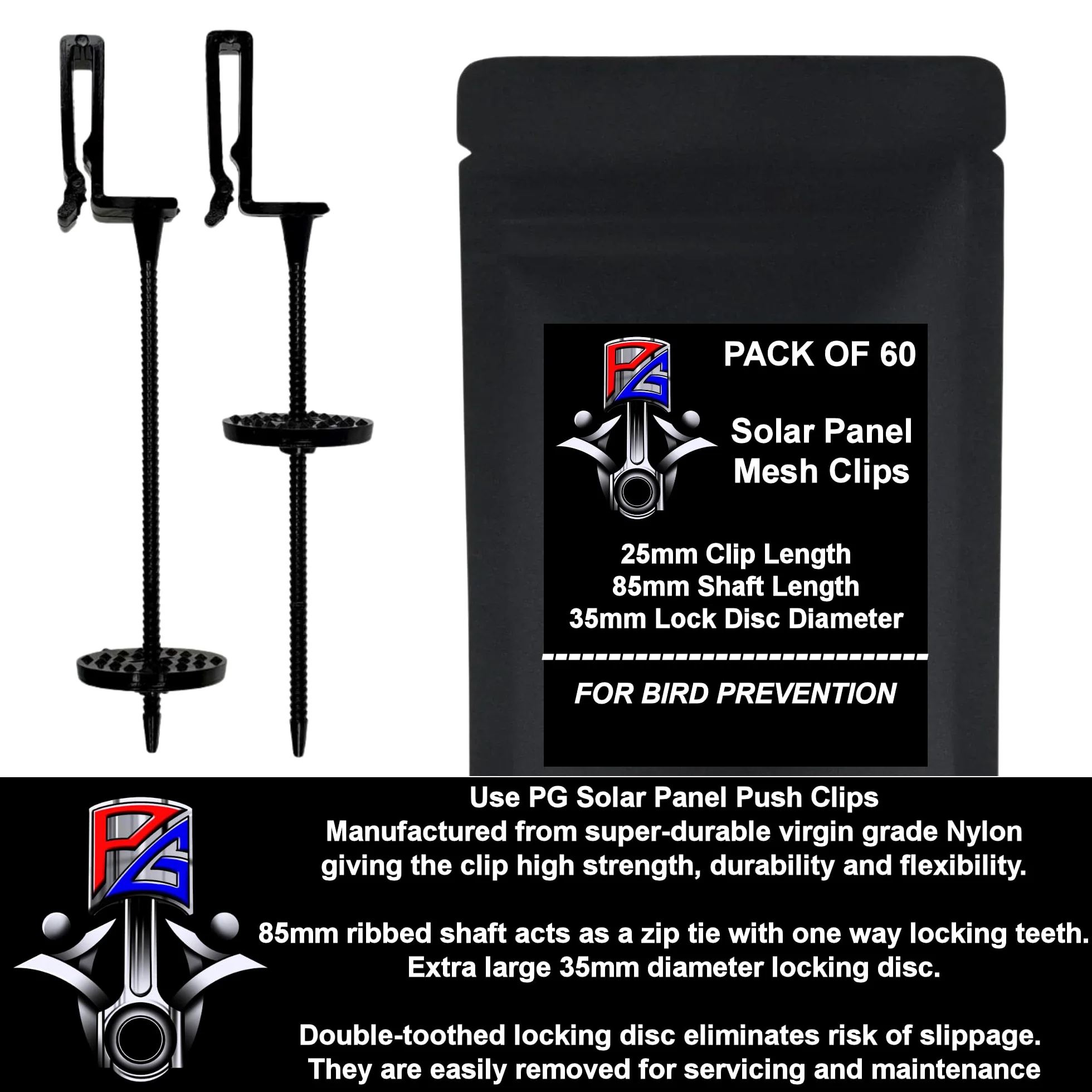 PG Kit de malla para panel solar a prueba de pájaros y 60 clips de fijación para control y prevención de anidación de palomas (PVC negro, rollo de 30 m)
