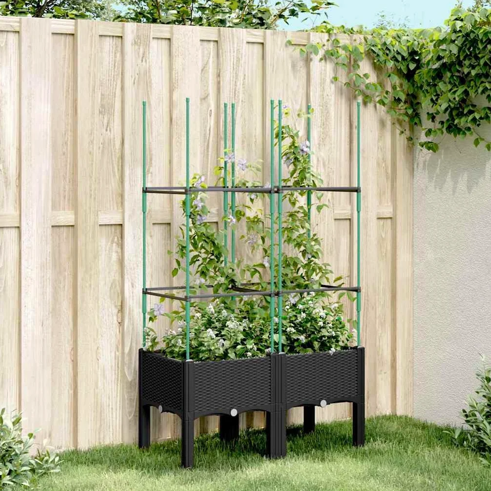 Macetero con enrejado, negro, 80 x 40 x 142,5 cm, polipropileno, para jardín, con almacenamiento de agua, para plantas trepadoras, terrazas, balcones, hierbas, cultivo, exterior, decoración