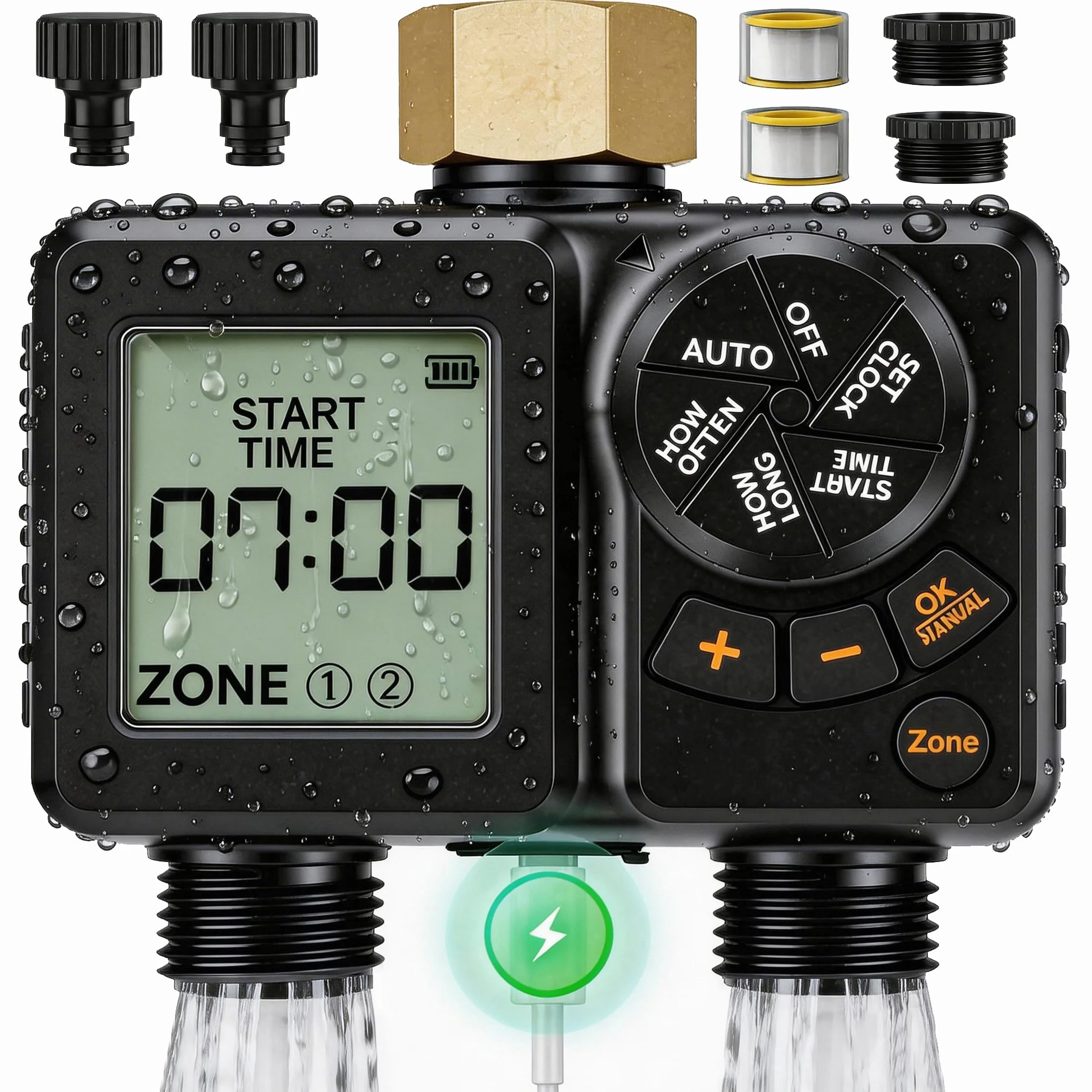 Programador de Riego 2 Salidas, 2000mAh Recargable IPX6 Impermeable Temporizador Riego con Entrada de Latón, LCD 2.8", Retardo por Lluvia, Riego Automático y Manual para Jardín, Patio, Césped