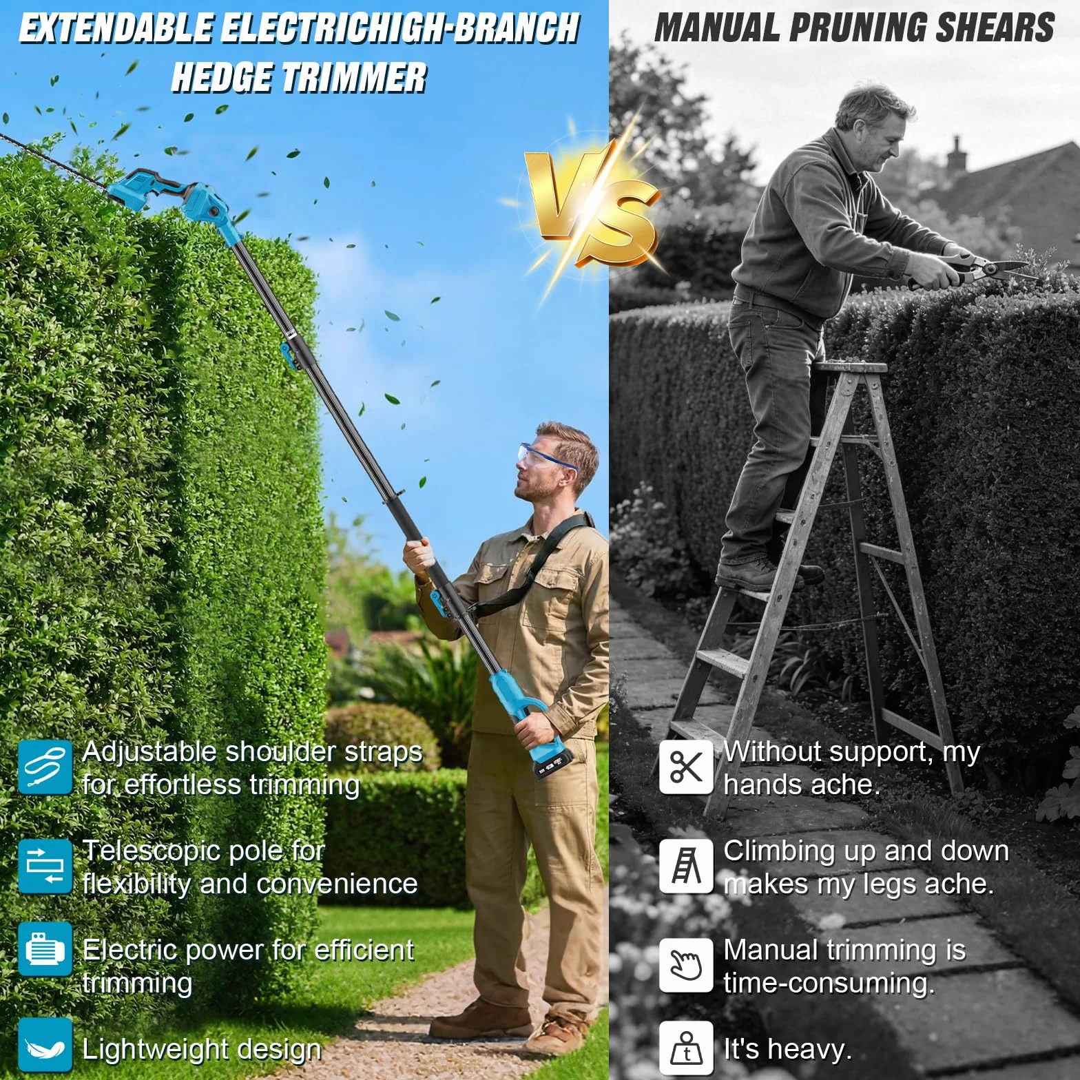 Cortasetos Telescópico Batería 2 en 1, Podadora Electrica Herramientas de Jardín con 2*4000 mAh Baterías Motor 550 W, Cortasetos 2,65M con Bandolera, Gafas, Guantes para Podar Arboles Patio de Jardín