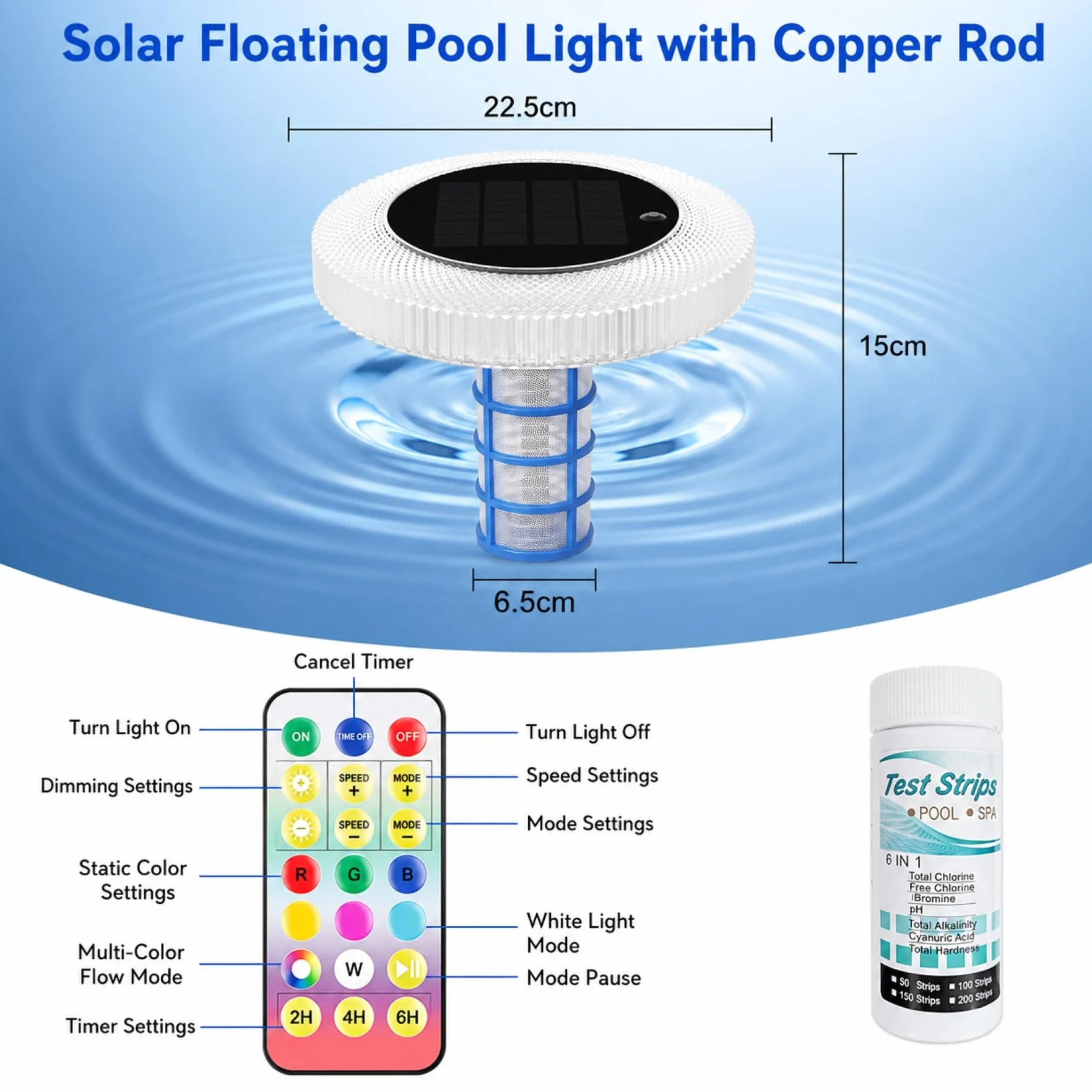 sylvwin Ionizador de piscina solar con ánodos de cobre, purificador de agua flotante con ánodo de cobre para piscinas, iluminación solar de piscina, luces solares RGB, purificador de agua para