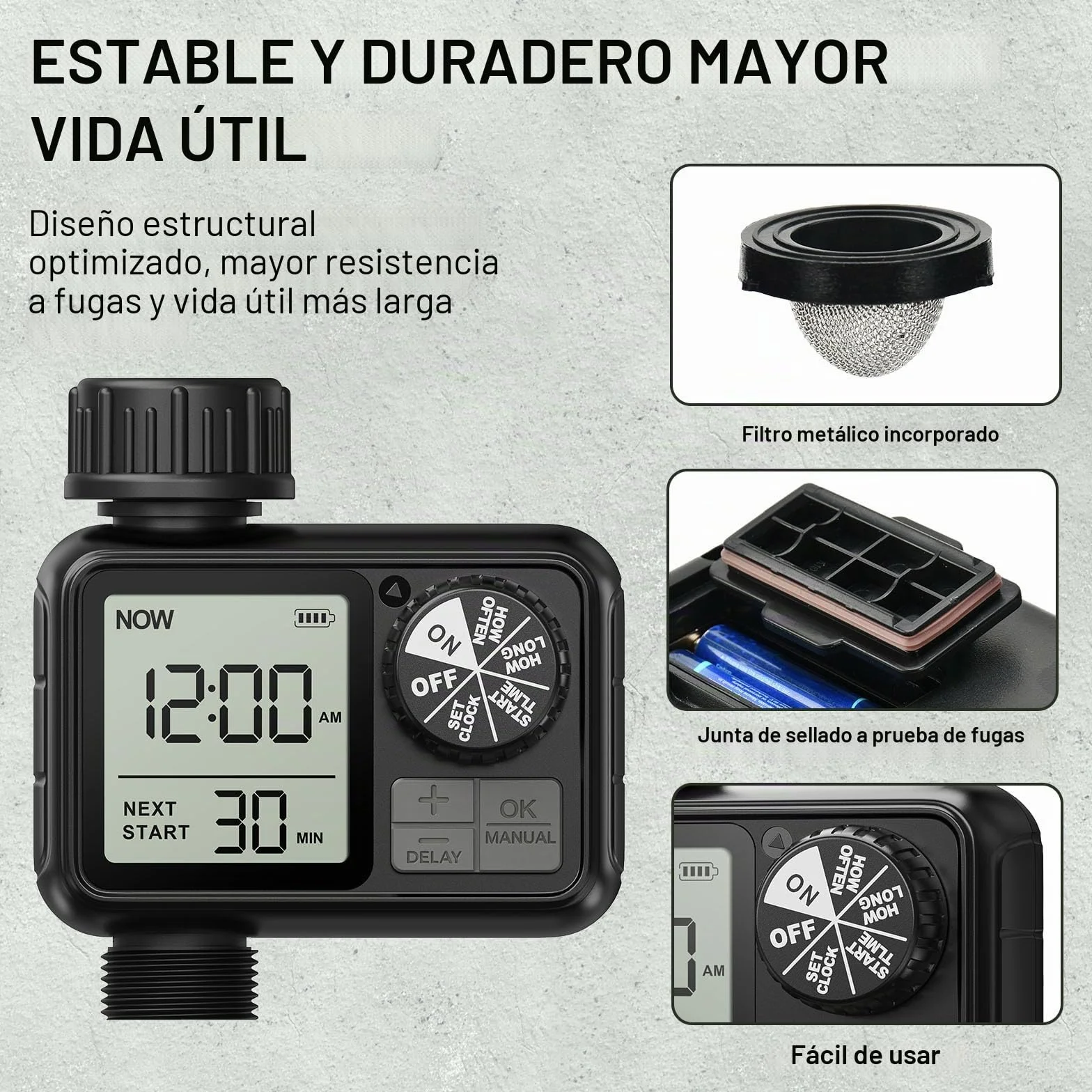 Ordenador de riego, Reloj de riego con retardo de Lluvia/Modo automático y Manual, IPX5 Resistente al Agua/Pantalla Grande Pantalla LCD Temporizador de Agua para jardín césped (1 Salidas)