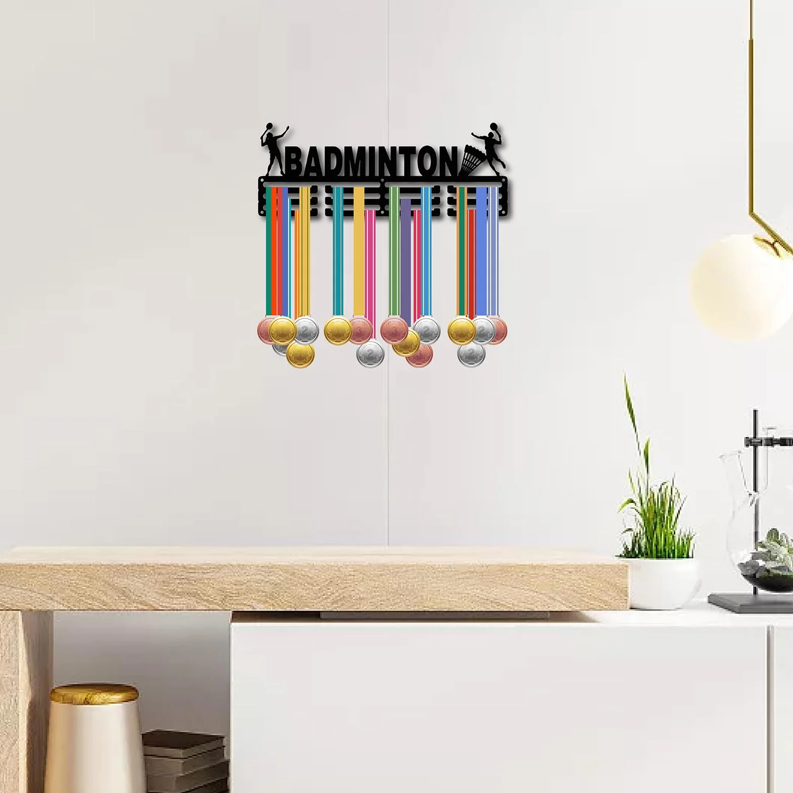 CREATCABIN Soporte para Medallas de Bádminton, Colgador Deportivo, Estante de Hierro Negro 40x15 cm