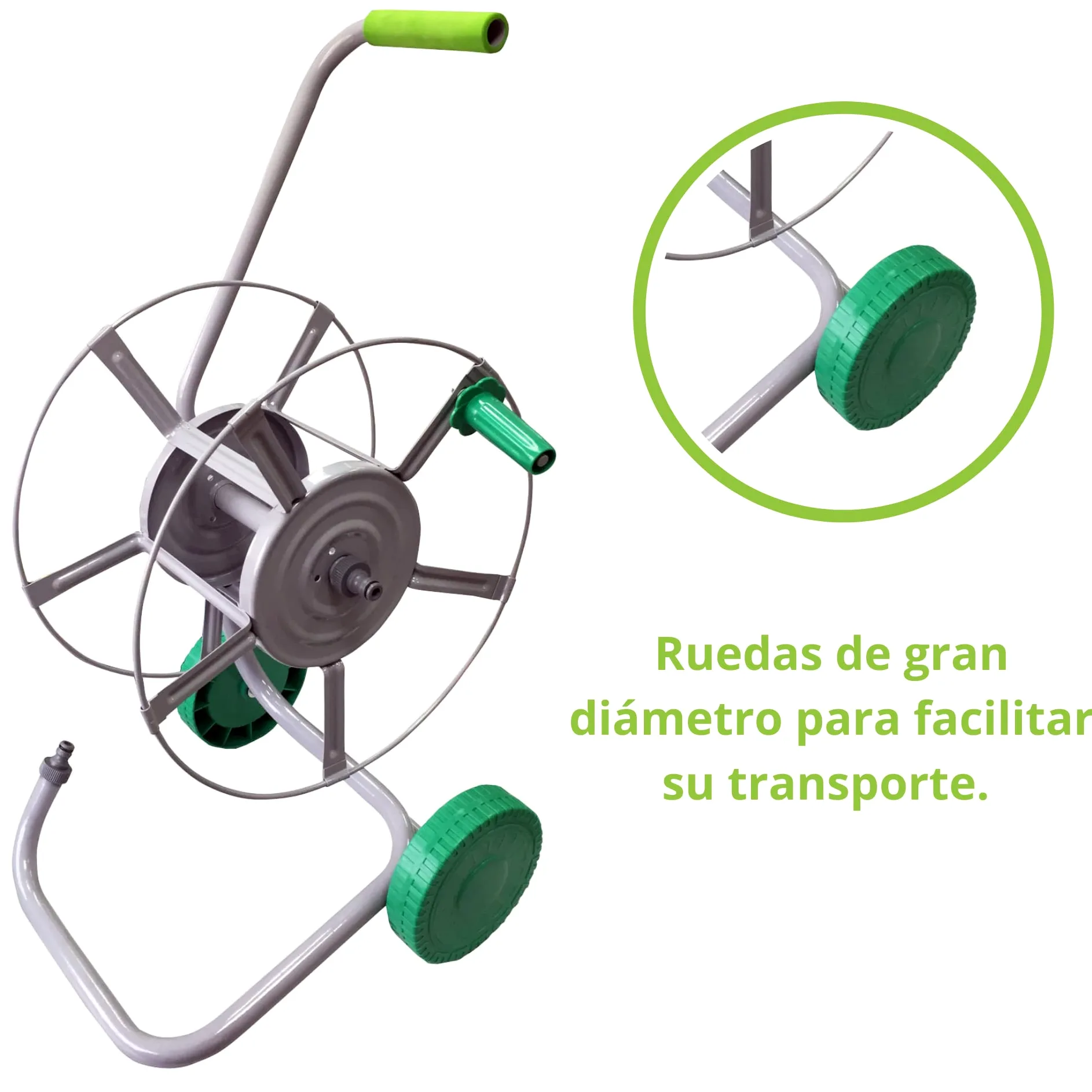 Carro para recoger mangueras, capacidad para 60 metros de manguera, cuenta con 2 ruedas para el fácil transporte, cuerpo fabricado en metal.Cuenta con 2 conexiones rápidas para la alimentación de agua