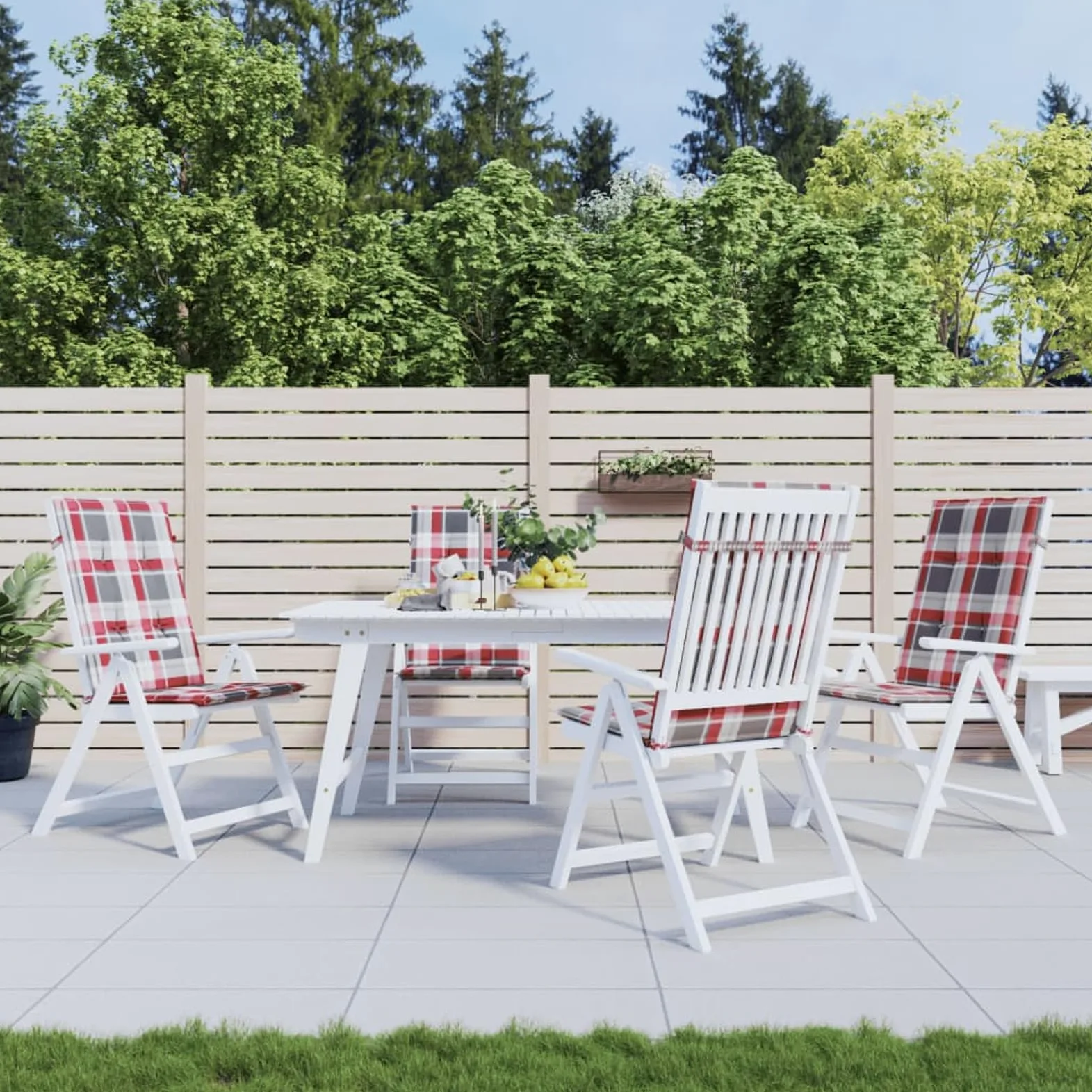 LAPOOH Cojín Silla jardín Respaldo Alto 4 uds Cuadros Rojo 120x50x3 cm, Cojines para Butacas De Jardin, Cojines Sillas Cocina, Cojines para Sillas De Terraza, Cojin Silla Exterior
