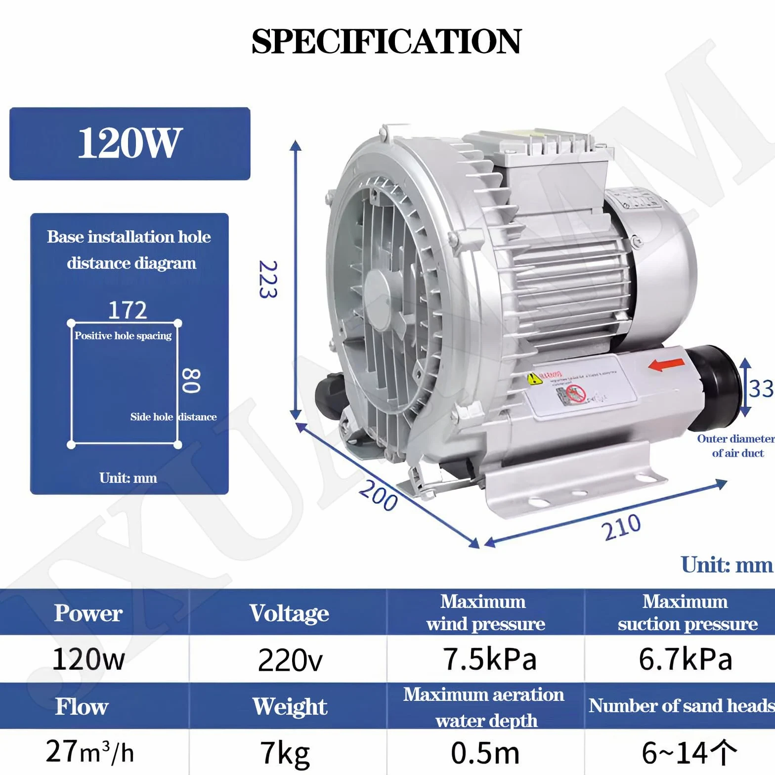 Soplador Regenerativo Industrial, Soplador De Anillo De Vórtice De Alta Presión De, Soplador De Canal Lateral, For Acuicultura For Soplado De Aire O Succión De Estanque De Peces De Acuario,220V-120W