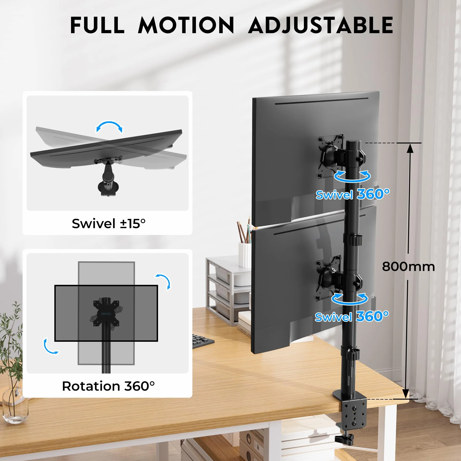 BONTEC Soporte Doble Monitor Vertical 13-34 Pulgadas VESA 75x75/100x100 10kg Brazo Inclinación Rotación Giro