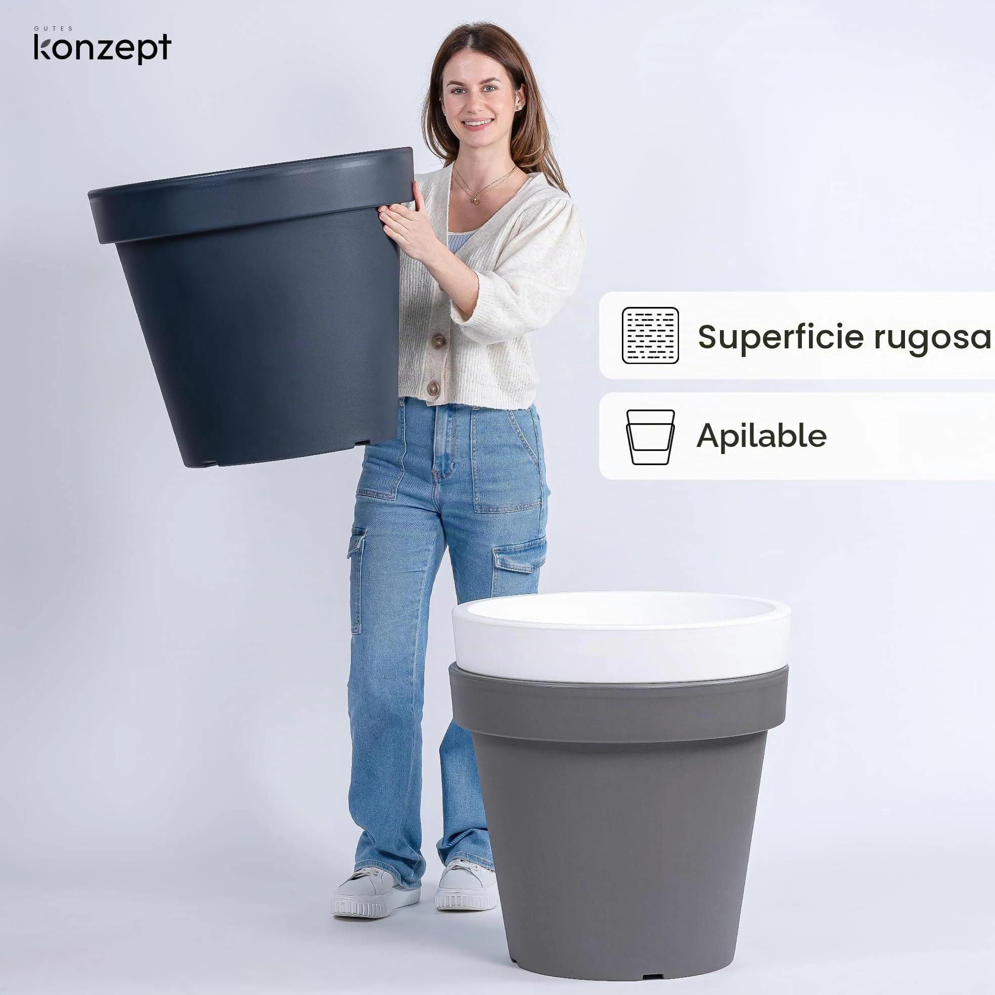 KONZEPT Macetero de 58 cm de diámetro, altura de 52 cm – Macetero grande exterior 87 L en forma cónica, macetero exterior robusto y estable de plástico, resistente a los rayos UV y a las heladas, para