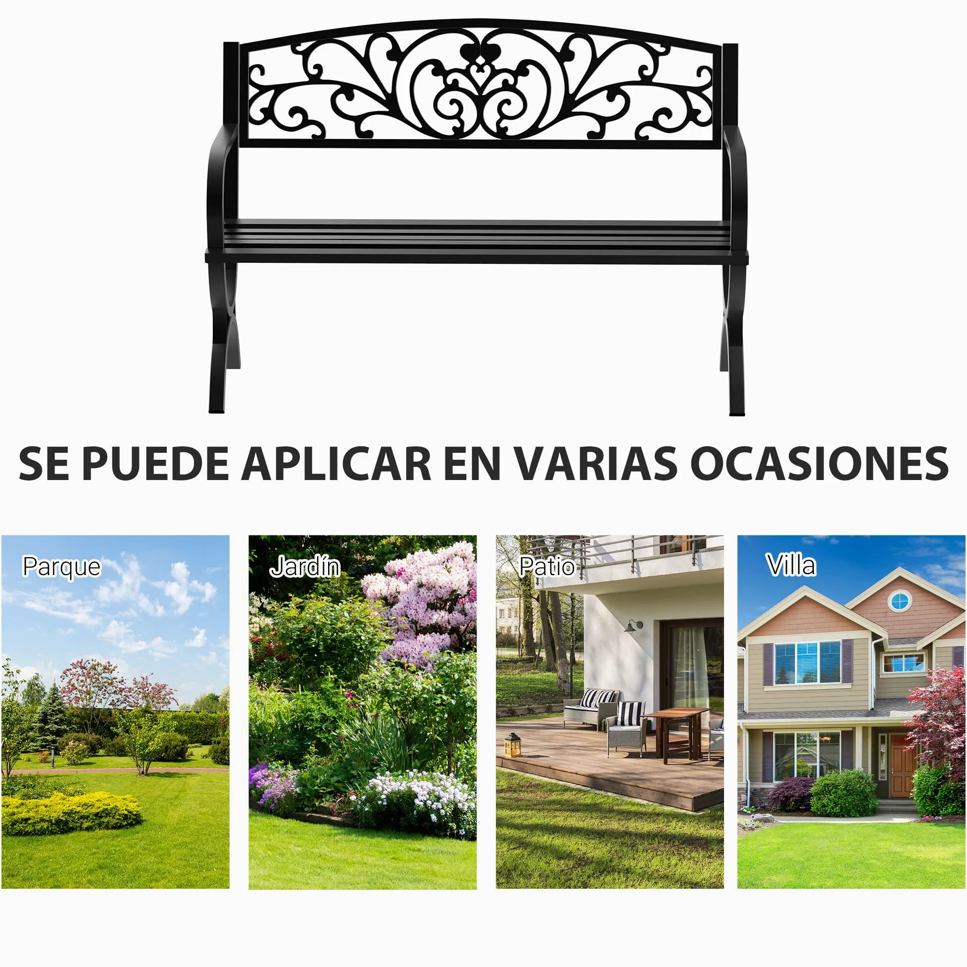 Outsunny Banco de Jardín 2 Plazas Hierro Clásico Patrón Floral 240 kg 127x60x85 cm Negro