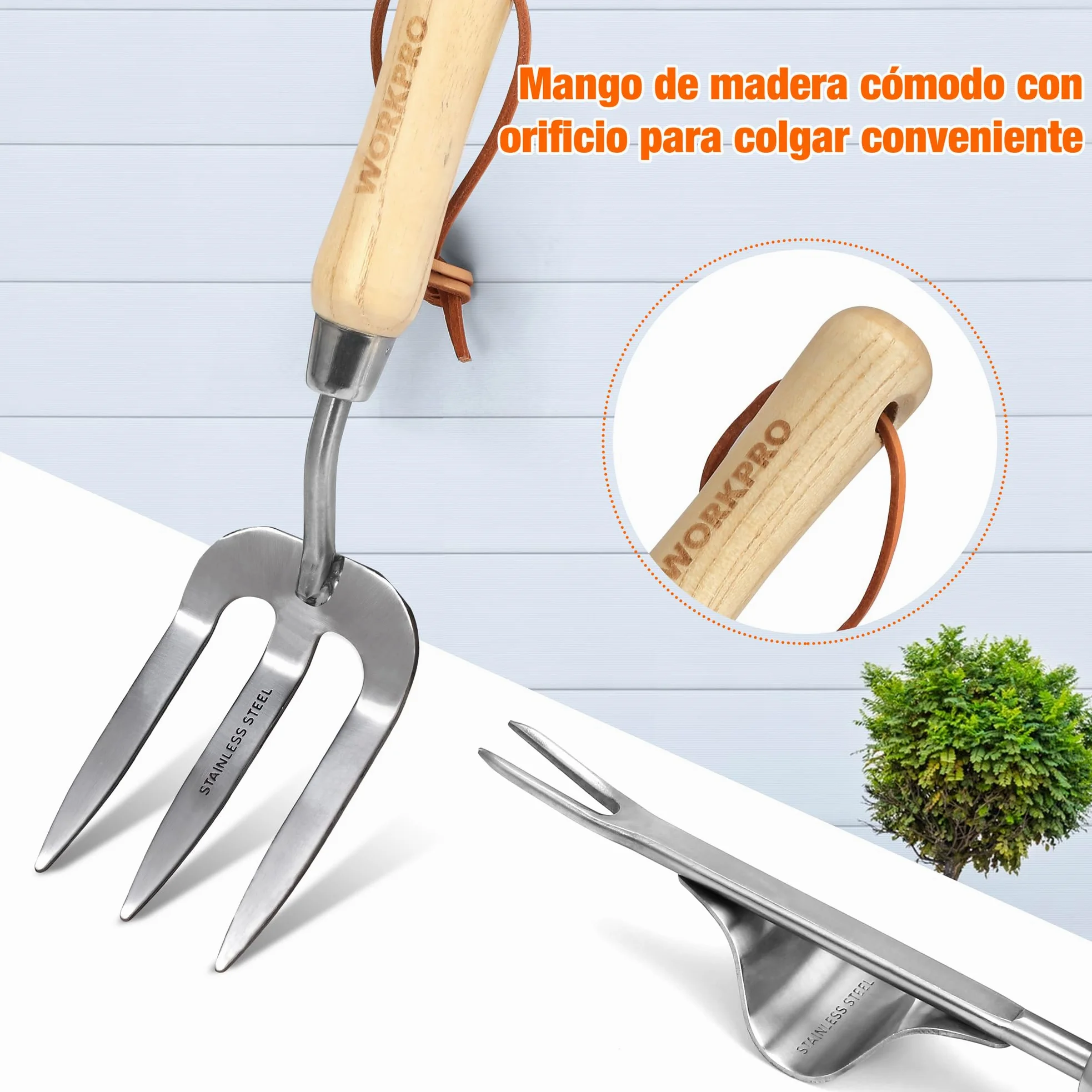WORKPRO Juego de Herramientas para Jardín 8PC, Juego de Herramientas Jardinería de Acero Inoxidable, con Mango de Madera, Bolsa de Jardín