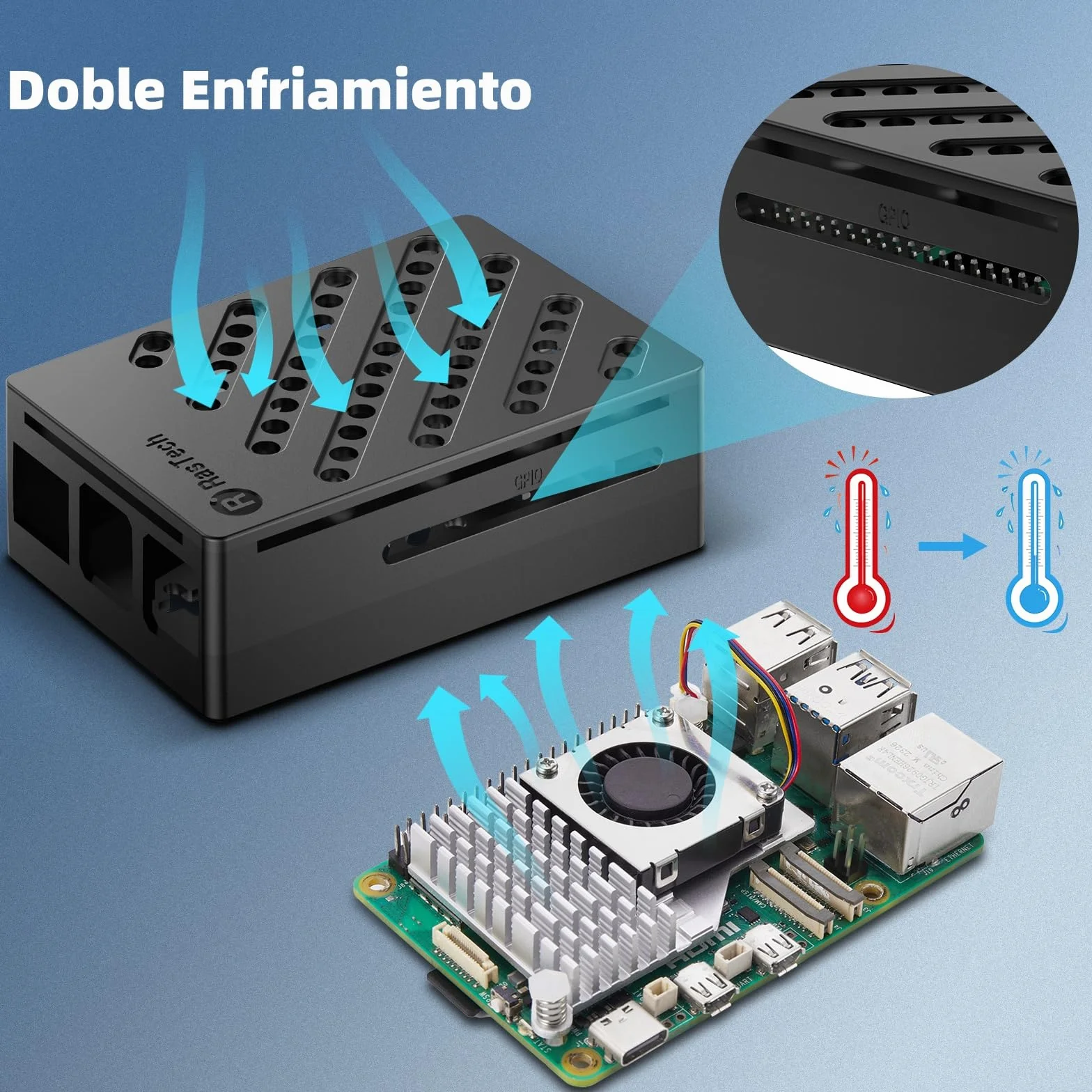 RasTech Raspberry Pi 5 8GB Kit 64GB con Active Cooler, Fuente 27W USB-C, Carcasa Pi 5