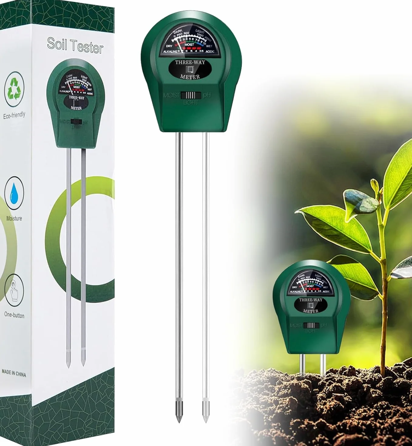3 en 1 Medidor Humedad Plantas, Medidor PH Tierra, Medidor de Humedad/Luz/PH del Suelo, Medidor de PH de Suelo, Doble Sonda Higrómetro de Suelo, para Plantas de Interior&Exterior,No Necesita Pilas