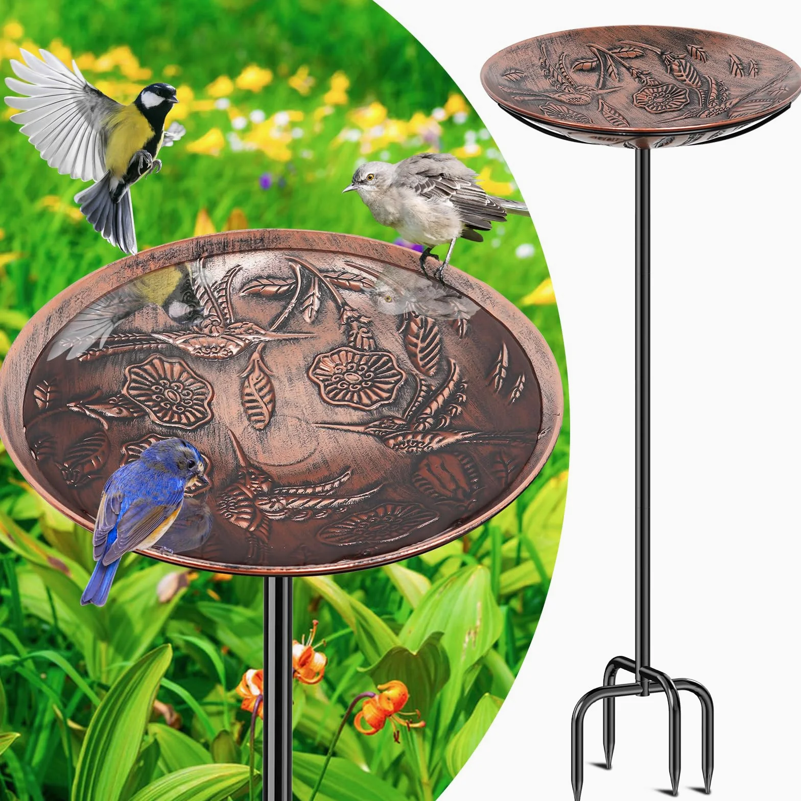 Baño de metal para pájaros para exteriores, bañeras y comederos de pájaros independientes vintage, cuenco de alimentación para exteriores, jardín, patio, decoración de césped (cobre retro)