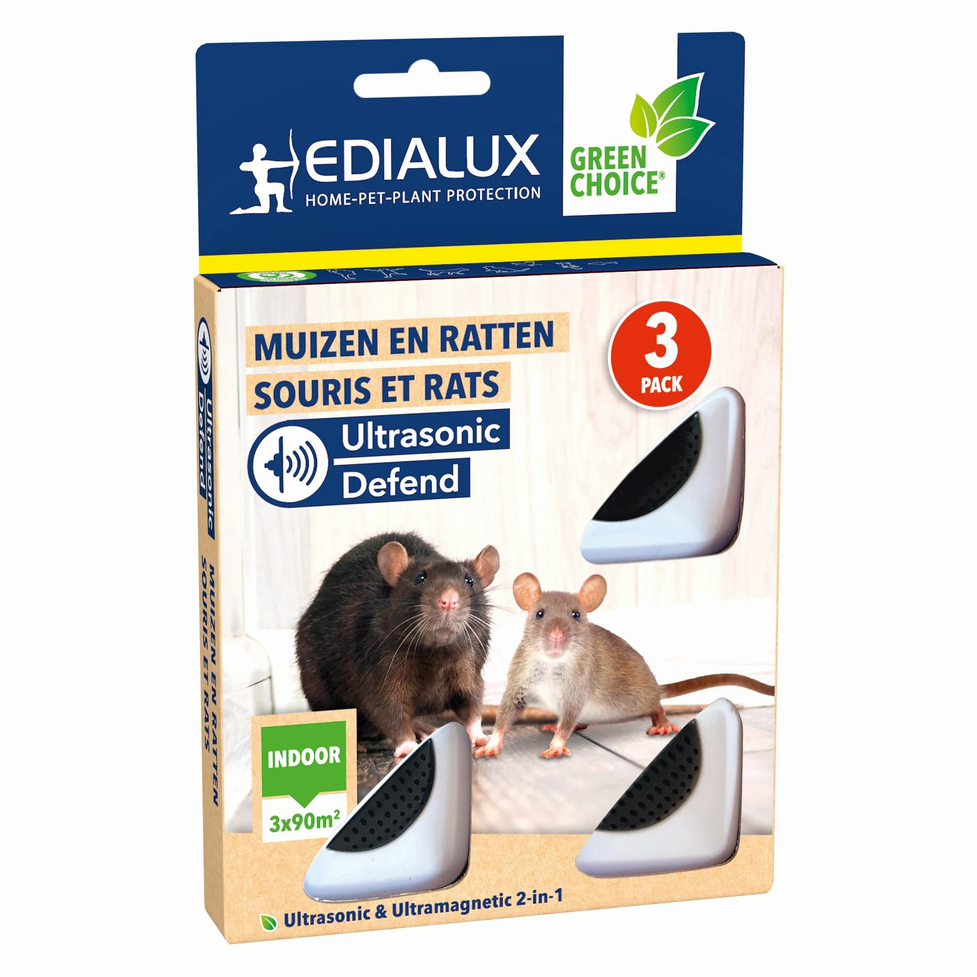 Edialux Ultrasonic Defend Ratones y Ratas, paquete de 3, repelente ultrasónico de ratas y ratones, protege tu hogar de forma segura y efectiva, 100% seguro en