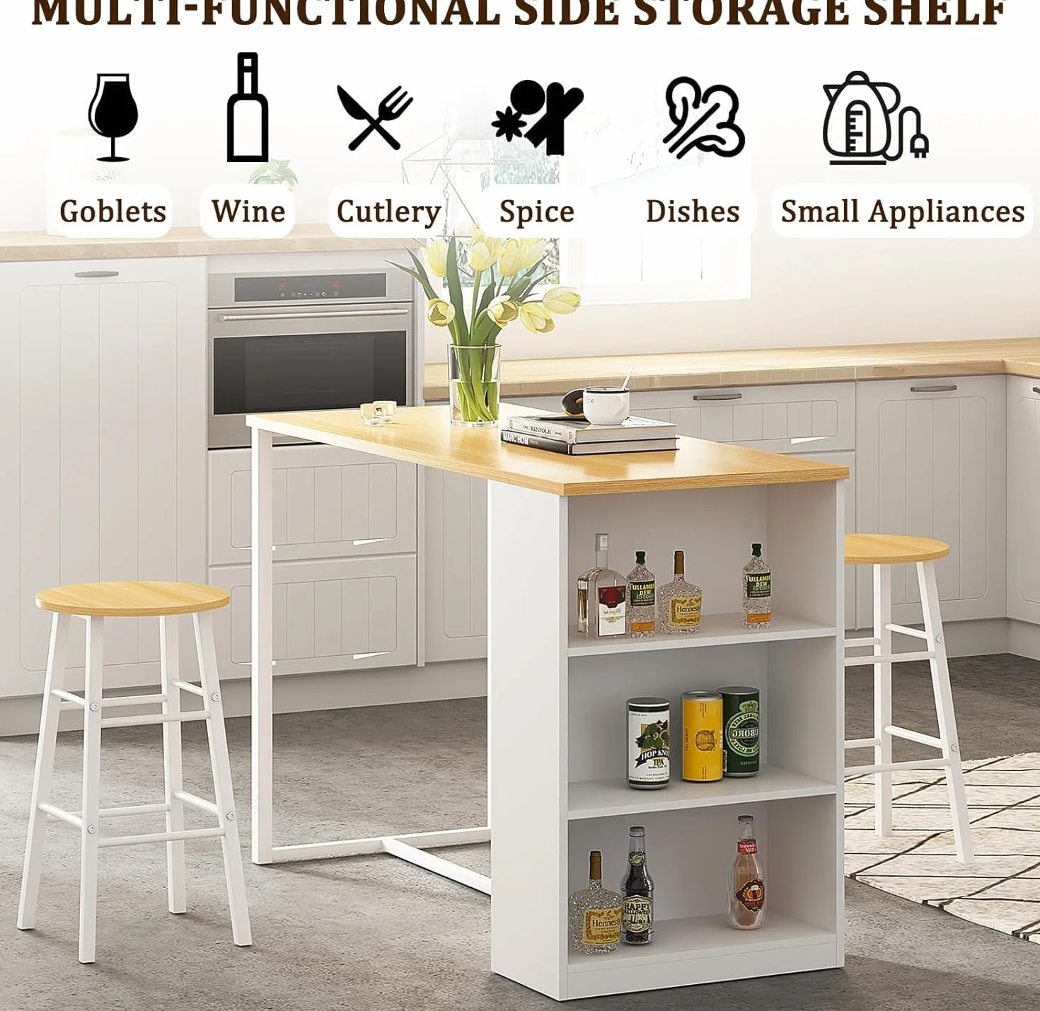 soges Juego de bar con mesa de bar y 2 taburetes altos, 91 x 49,5 x 91 cm, mesa de comedor, mesa de restaurante, mesa de pub con estante de almacenamiento de 3 niveles.