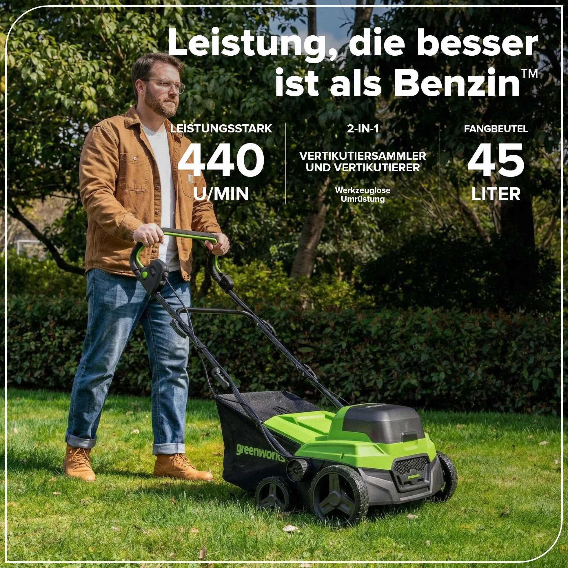 Greenworks Escarificador Aireador Césped 48V (24V x2) Brushless 2-en-1, Ancho 38 cm, 5 Niveles Altura, Bolsa 45L, Manillar Plegable, Herramienta Jardín Inalámbrica, Sin Batería GD2X24SC38II