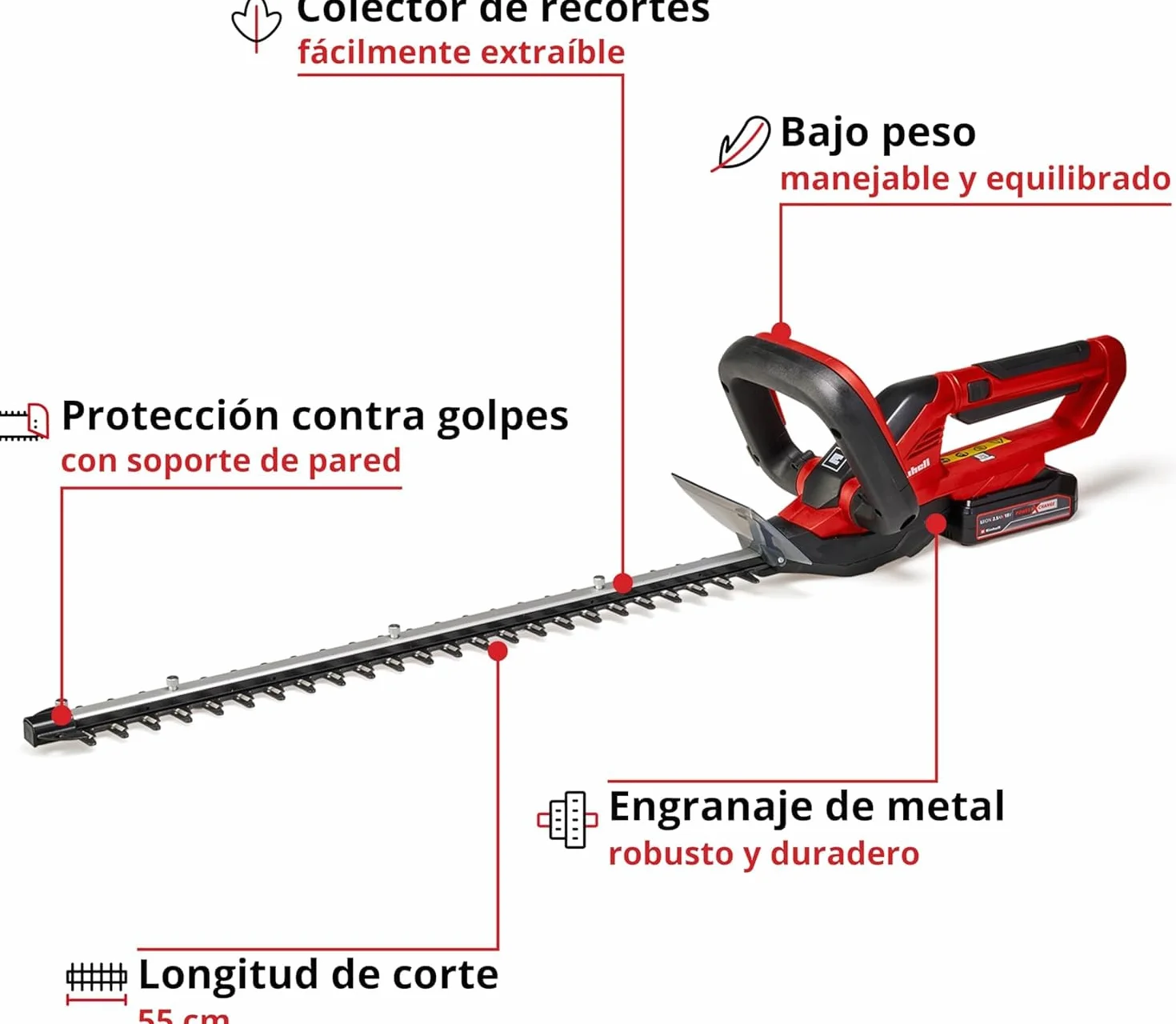Einhell Cortasetos con batería GC-CH 1855/1 Li Kit Power X-Change (18V, 55cm de Longitud de Corte, 18mm Distancia Entre Dientes, Mango Giratorio, colector de Recortes, Incl. 2,5Ah batería y Cargador)
