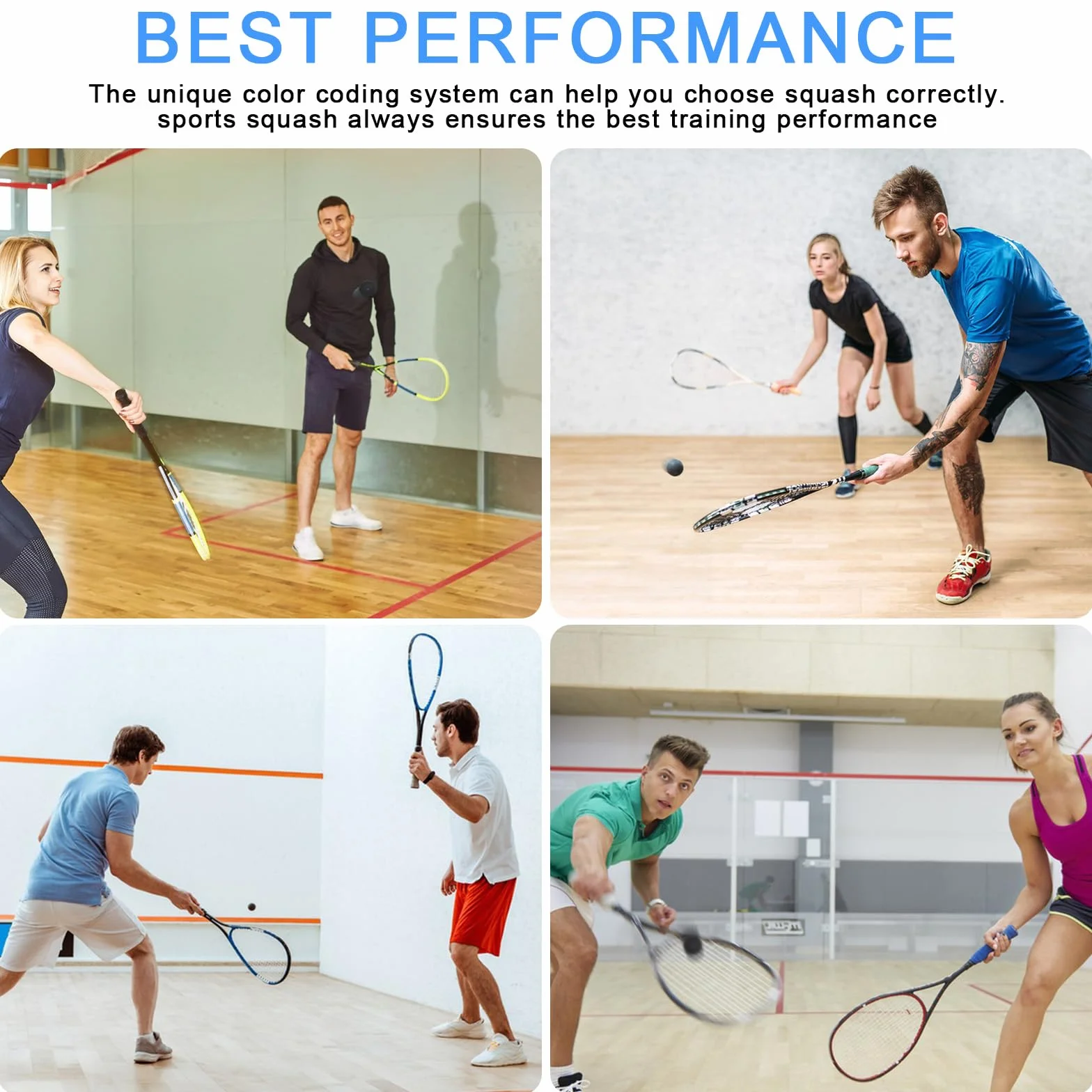 Pelotas de Squash Deportivas Juego de 4 - Doble Punto Amarillo, Simple Amarillo, Rojo, Azul