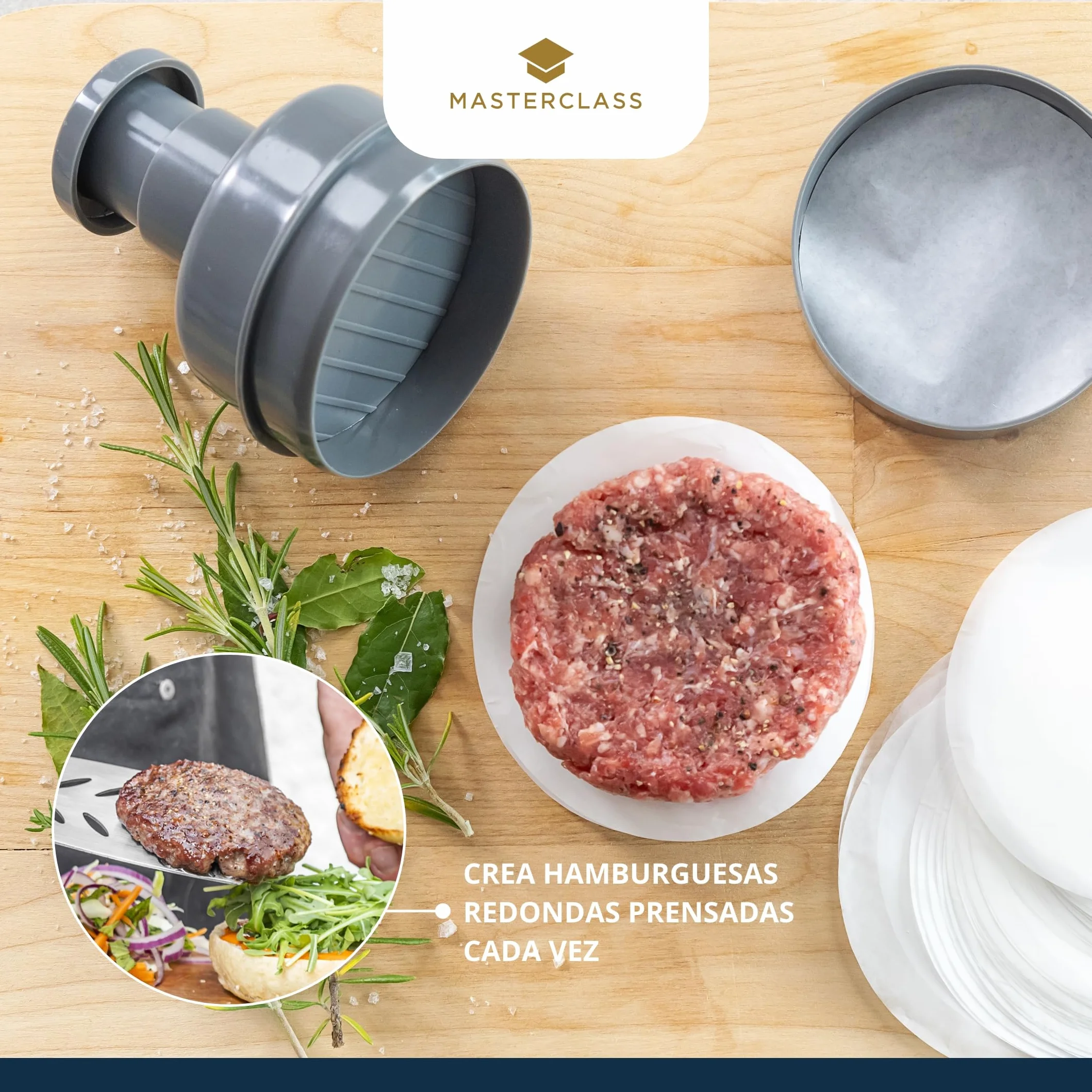 MasterClass Burger Maker Press, Burger Patty Maker para hamburguesas caseras, kit antiadherente para hamburguesas con molde para hamburguesas, 100 discos de cera y un libro de recetas.