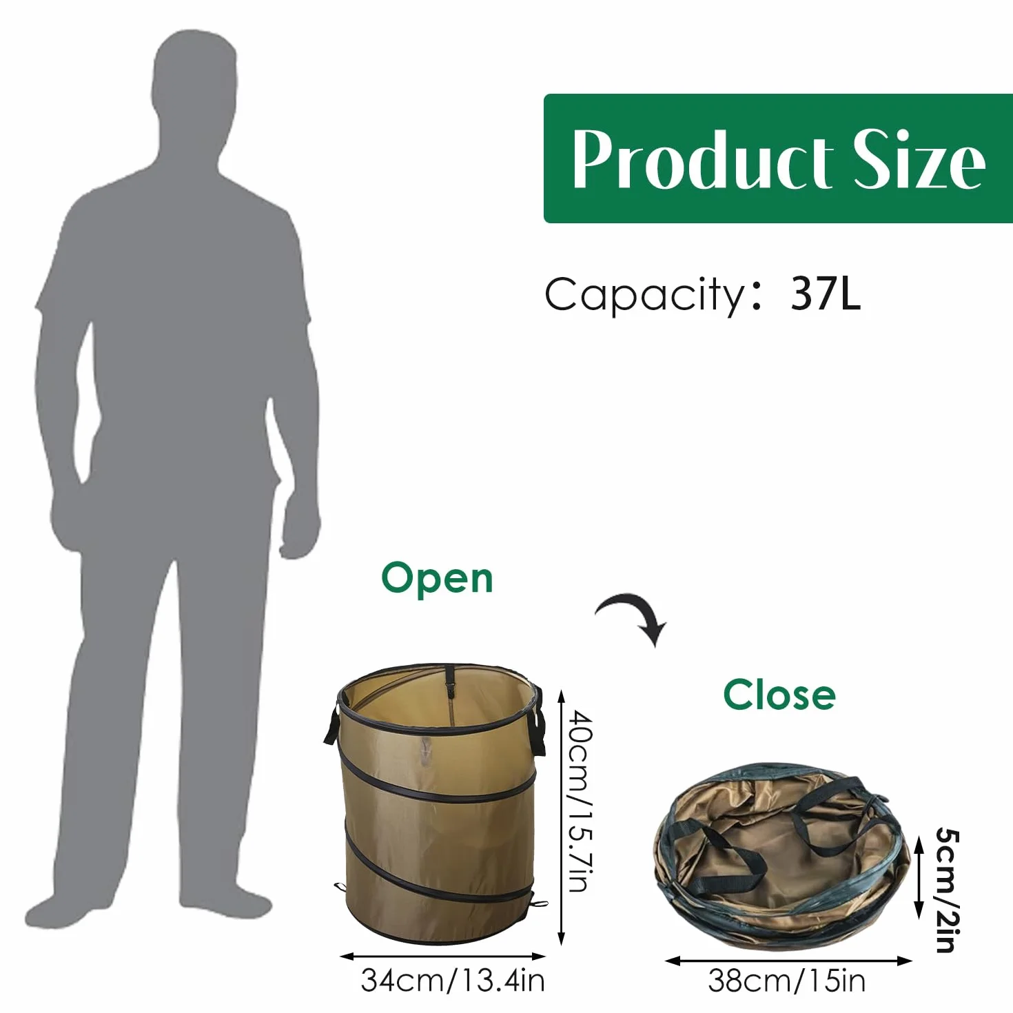 Tissting Bolsas de Basura Sacos de Jardín, 38L 34cm Saco de Jardín Tela Oxford Bolsa Jardin Plegable Bote de Basura para Acampar para Hojas, Restos de Poda y Residuos de Plantas Verde Militar