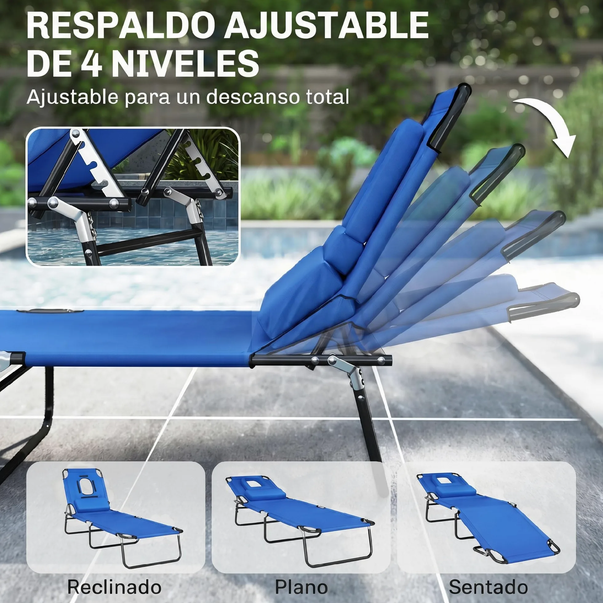 Outsunny Tumbona Plegable con Respaldo Regulable en 4 Posiciones Tumbona de Jardín con Orificio de Lectura Almohada Marco Metálico y Tela Oxford para Playa Terraza Carga 120 kg 190x56x28 cm Azul