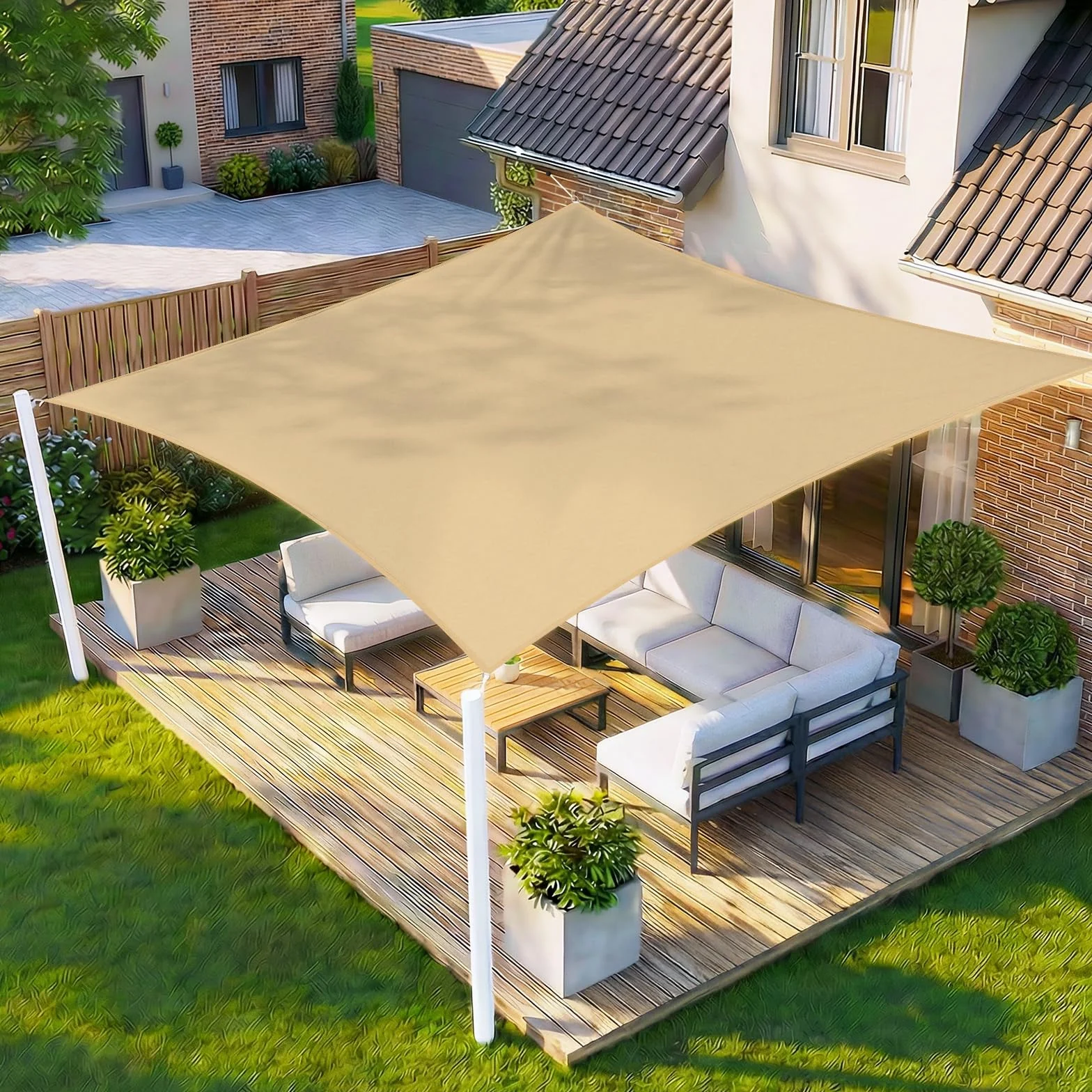 HENG FENG Toldo Vela de Sombra Rectangular 3x4m, PES 160 g/m² Impermeable, 95% Bloqueo UV, para Exterior en Terraza, Jardín, Patio - Incluye Cuerda de Fijación - Color Arena