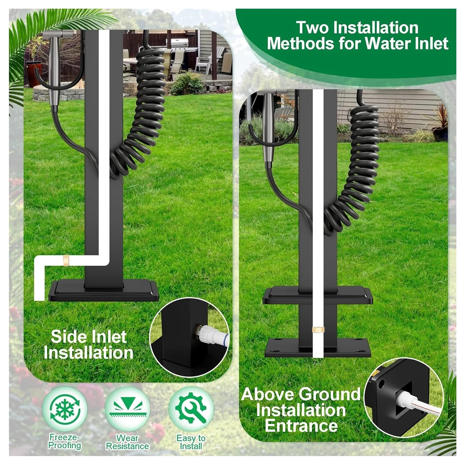 Grifo de agua para jardín columna de agua para exteriores, grifo entrada doble y estante manguera, hidrante de jardín, grifo con espiga exteriores de acero inoxidable(Estilo 1,Height: 95cm/37.4in)