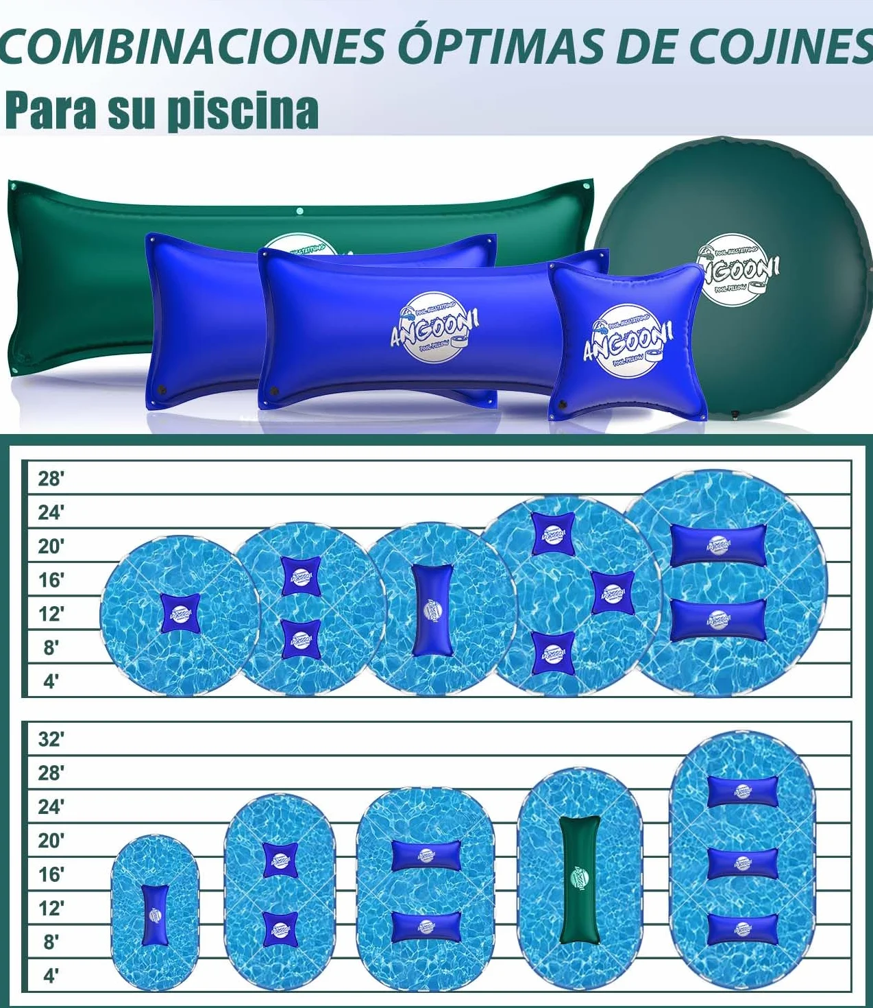Angooni Cojín de piscina de invierno 200 x 450 cm XXL (para piscinas de 320 – 750 x 550 – 860 cm) | Cojín de aire para piscina con doble costura para cubierta de piscina | Cojín de piscina para el